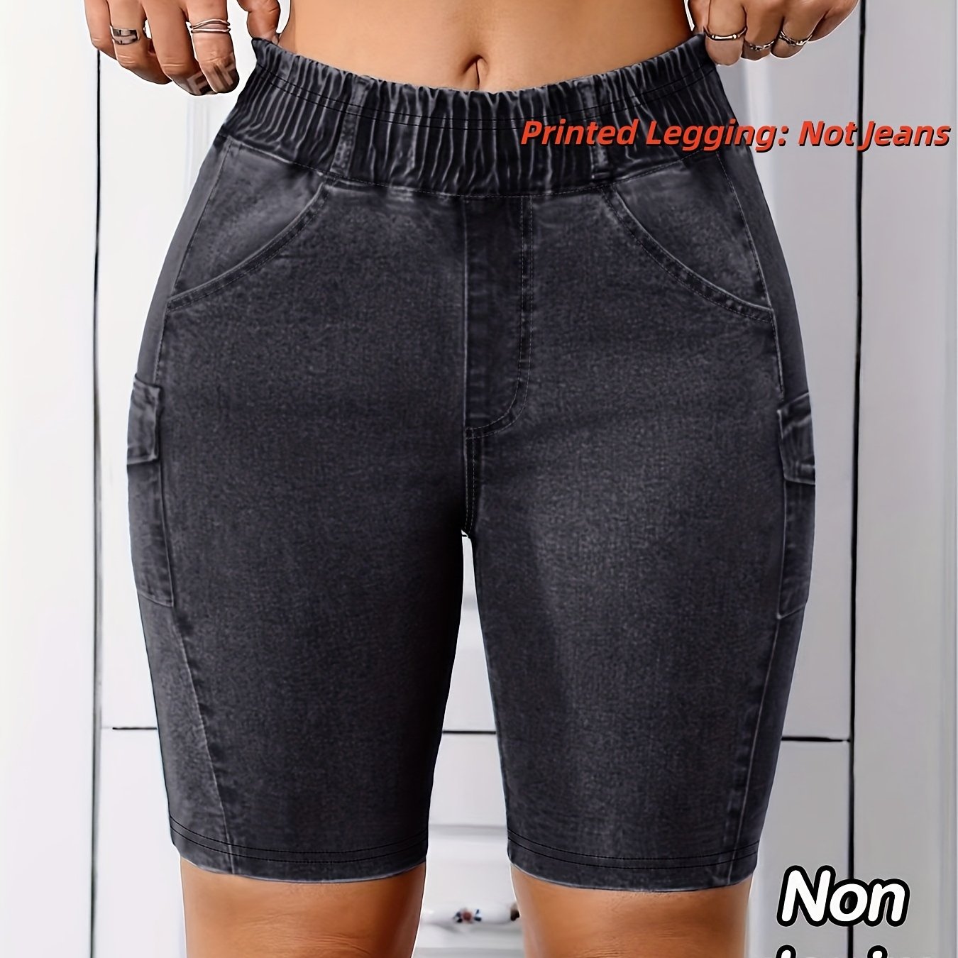 TEMU Leggings Estampados [Estampado de Denim/ Denim] - No es Tela de Denim, Nuevos Shorts de Leggings para Mujer, Denim, Estampado de Denim Elástico,