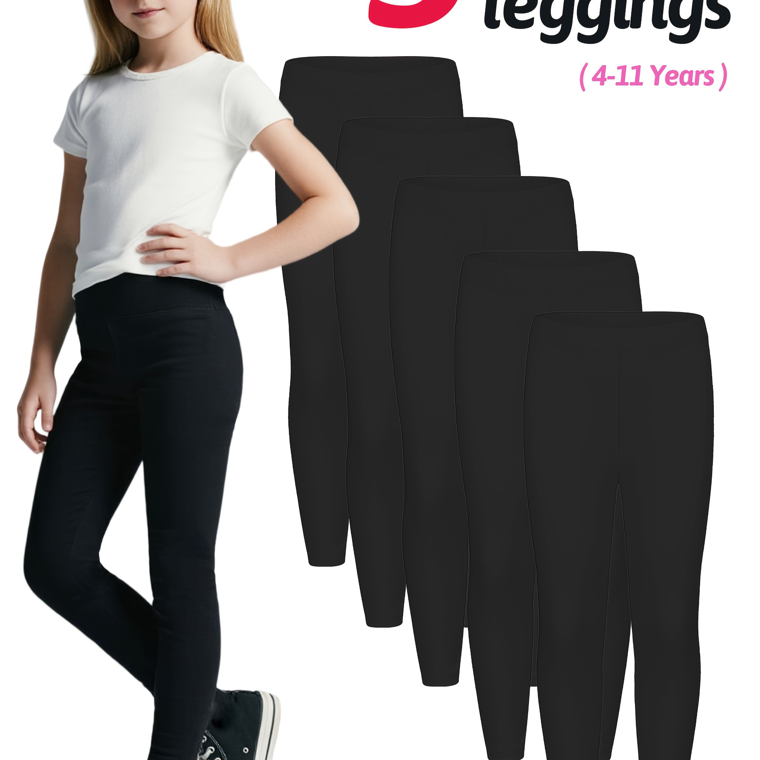 Image of Set Of 5 Solid Color Leggings For Girls In Black, Gray, Navy Blue, Purple, And Pink, Soft And Stretchy, Suitable For Older Children., Back To School Essentials, Teenage Girl Clothes