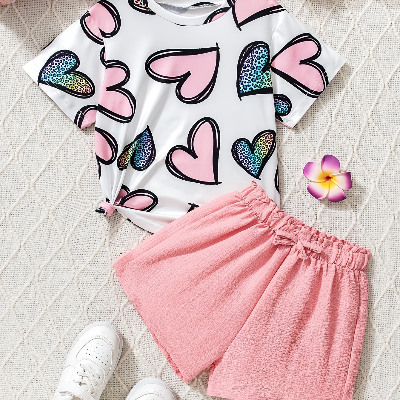2pcs Girls' Cute Leopard Print Heart T-shirt And Puff Shorts Set, Comfortable And Fashionable Cute Outfit, Suitable For Daily , For Outdoor