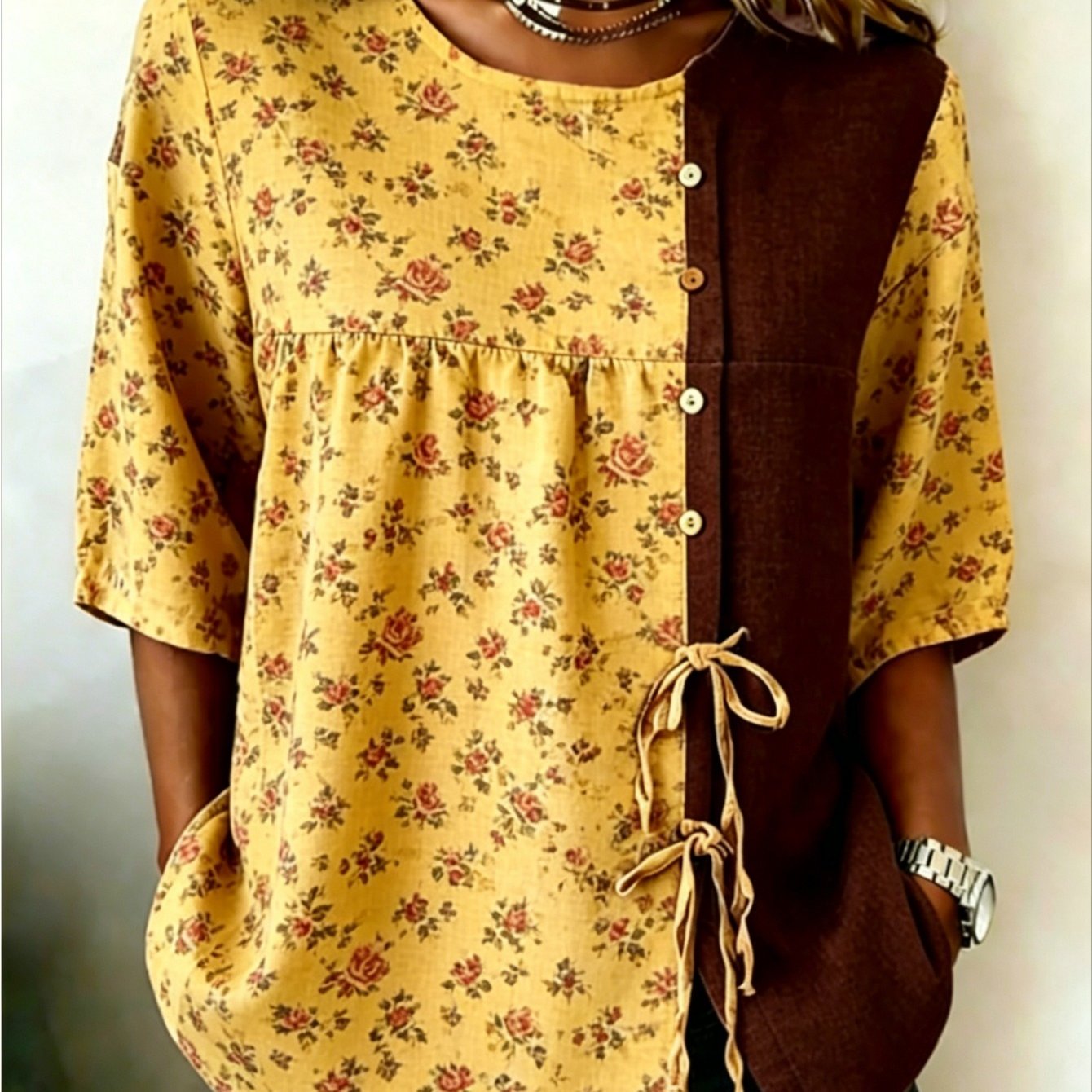 Image of Plus Size, Women's Shirt Floral Splicing Printed Buttons And Lace-up Details Women's Top, Fashion Casual Button-up Shirt, Summer Loose Top, Women's Casual Loose Summer Shirt, Large Size Women's Top