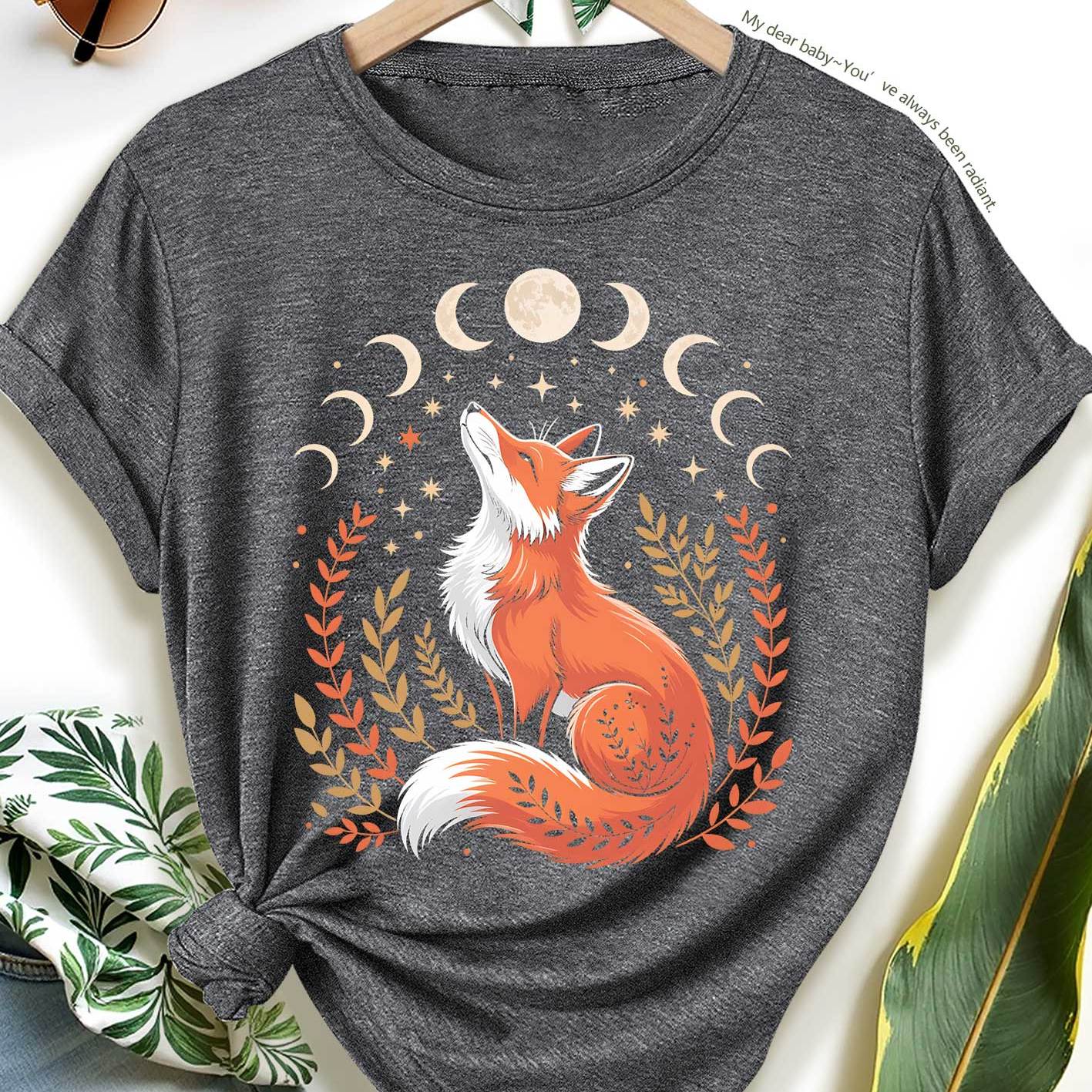 TEMU New Summer Plus Size Women's T-shirt With Moon Phase And Fox Gazing Print, Elegant Vintage Style For Spring, Summer, And Autumn, Loose Fit,