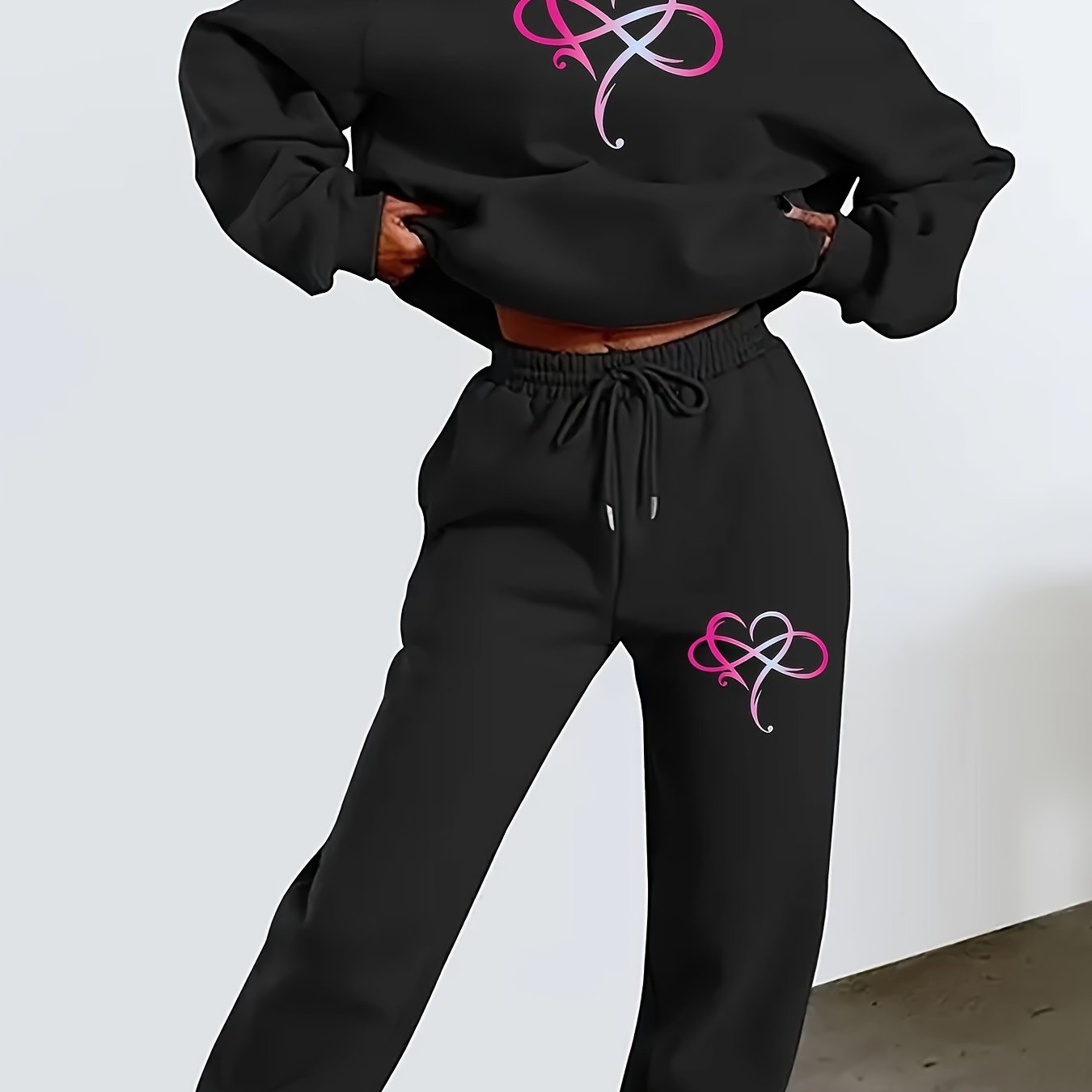 TEMU 1 Set 2pcs Set Suitable For Autumn Women's Elegant Beautiful Y2k Style Gradient Heart Pattern Print Hooded Fleece Sweatshirt And Fleece Long