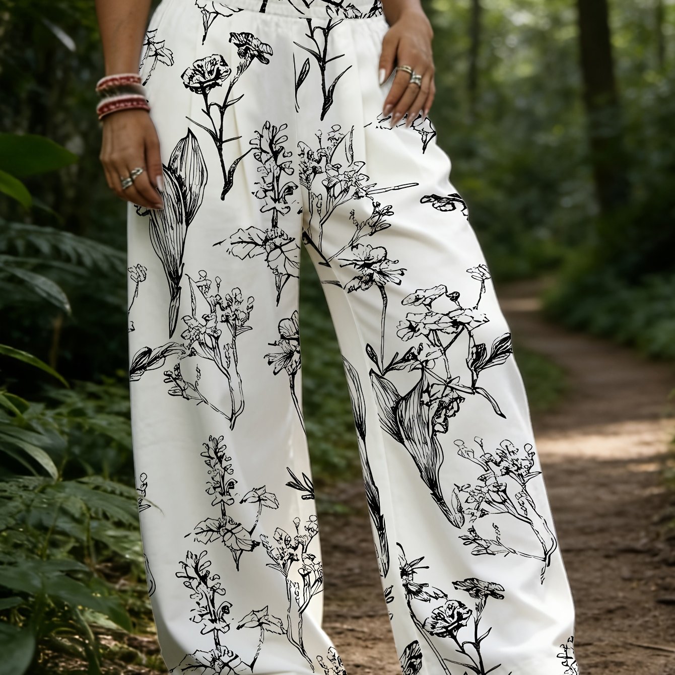 TEMU Women's Floral Print Wide-leg Pants, Perfect For Forest , , And Casual , Breathable And Stylish