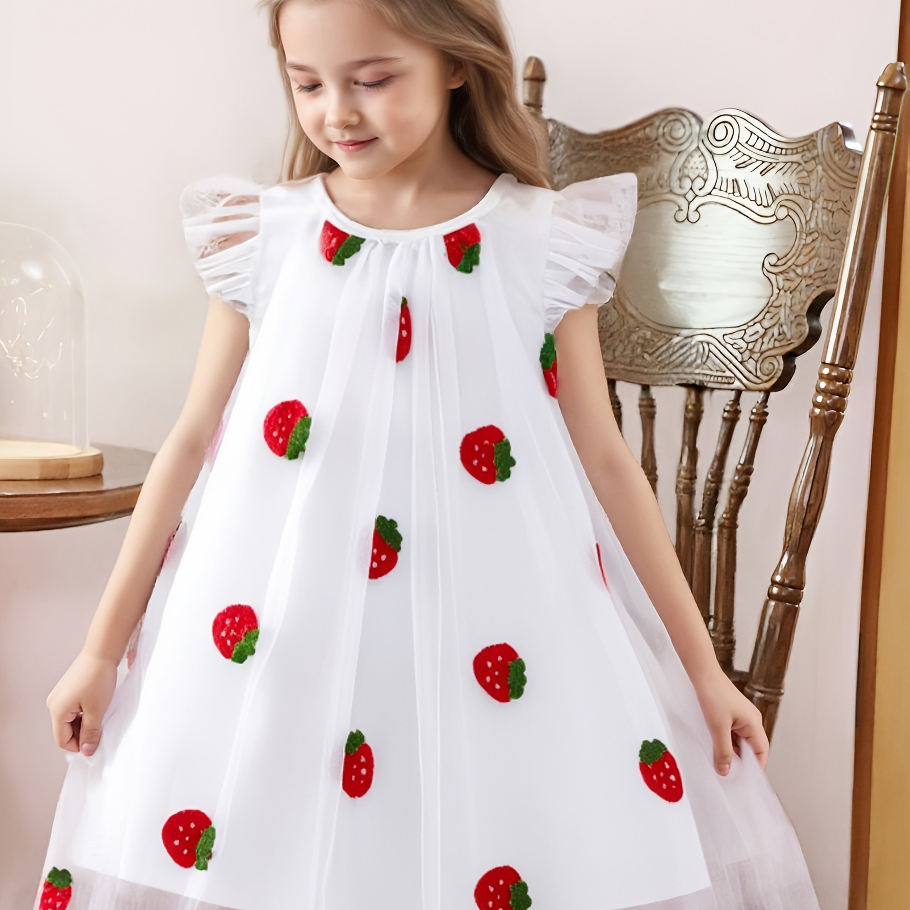 TEMU Girls' Summer Loose Dress, Ages 3, Puff Sleeve Sweet 3d Embroidered Fruit A-line Mesh Fairy Dress