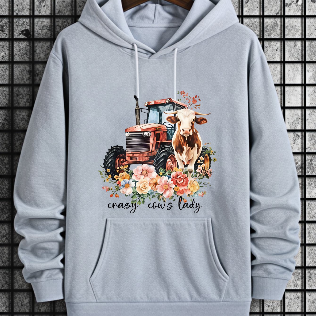Image of A For Cow And Tractor With Flowers Design Trendy Hoodie Women's Hoodie High Quality Thick Sweatshirt For Spring And Autumn Farm Gift For Cow Lover