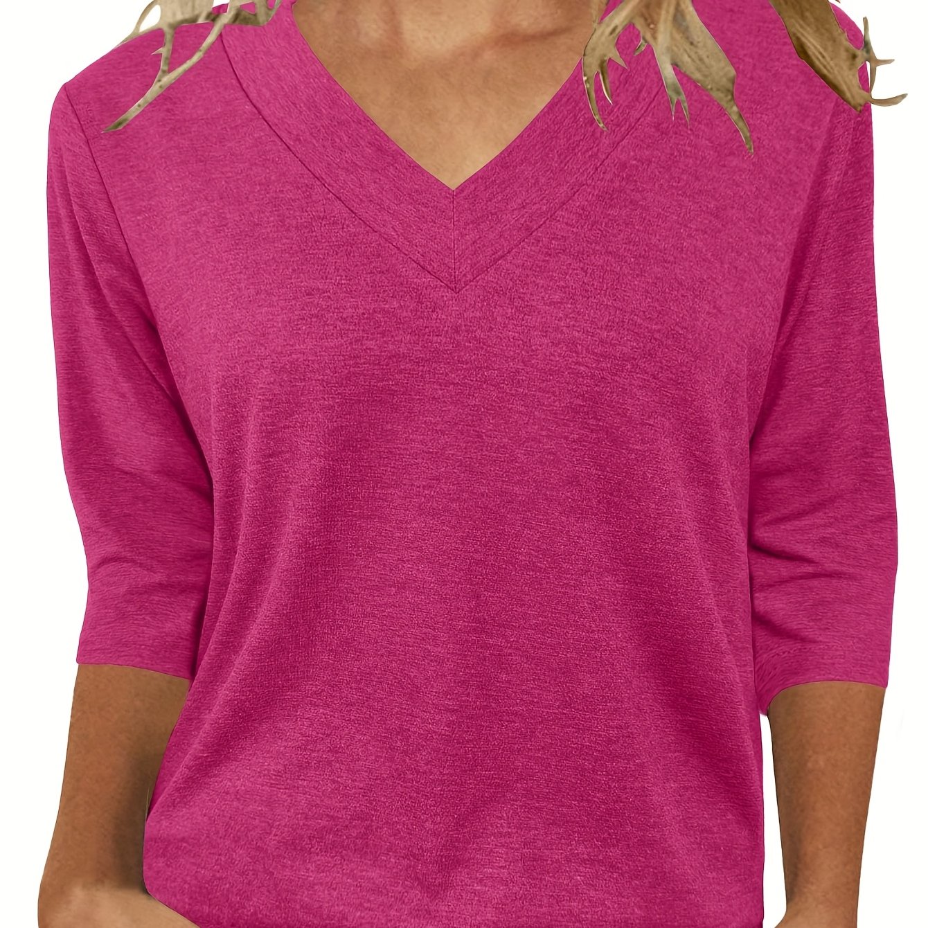 TEMU Women's 3/4 Sleeve Top, Fashionable Ladies Casual Shirt, Comfortable Breathable V-neck 3/4 Sleeve T-shirt