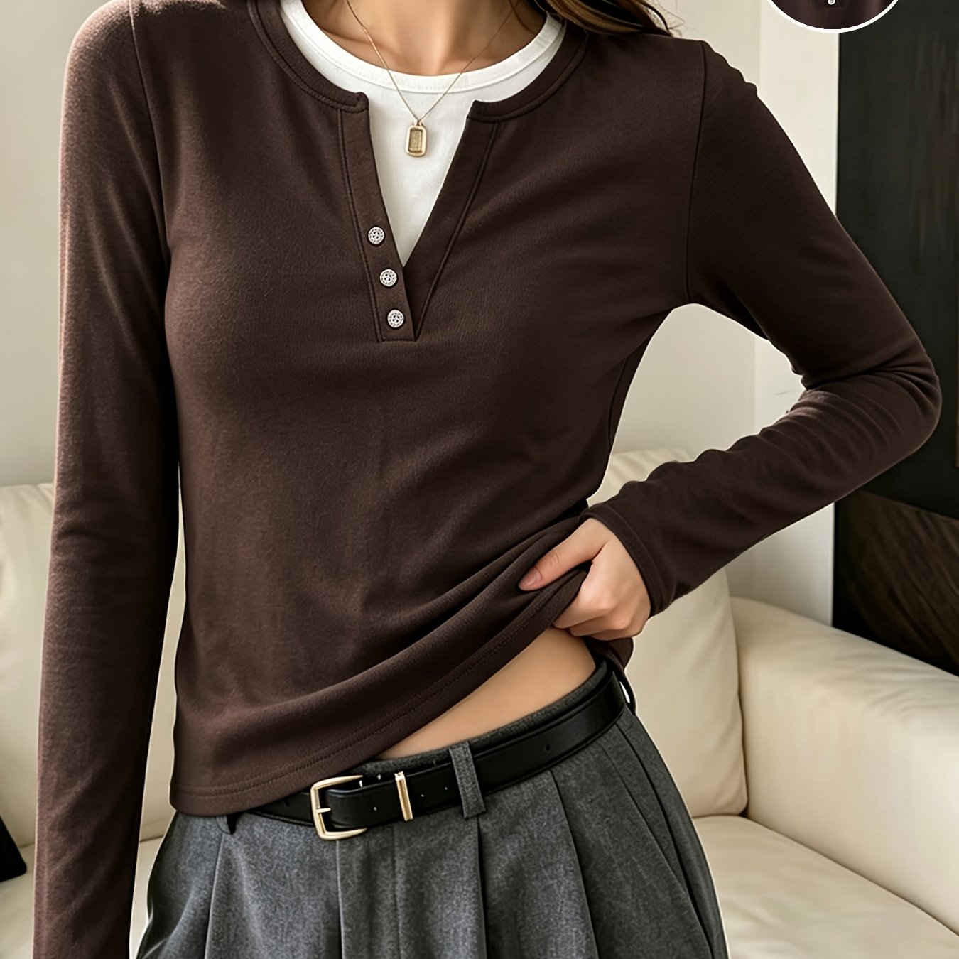 TEMU Women's Fake Two-piece Long Sleeve Top, Henley Neck With 3 Buttons, Slim Fit Figure-hugging , Casual Versatile Long Sleeve T-shirt For Spring