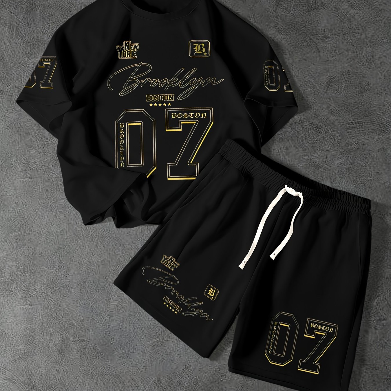 TEMU Men's Short-sleeve T-shirt And Drawstring Shorts Set, Summer Graphic Letter Print Round Neck Short-sleeve T-shirt + Drawstring Outdoor Casual