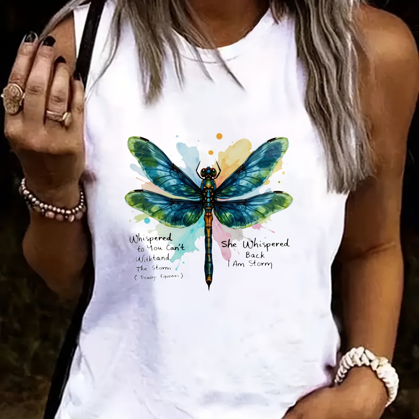 TEMU Lightweight Designwomen's Casual Vest With Vibrant Dragonfly Print And Inspirational Quotes, Sleeveless Round Neck Pullover, Lightweight Fabric,