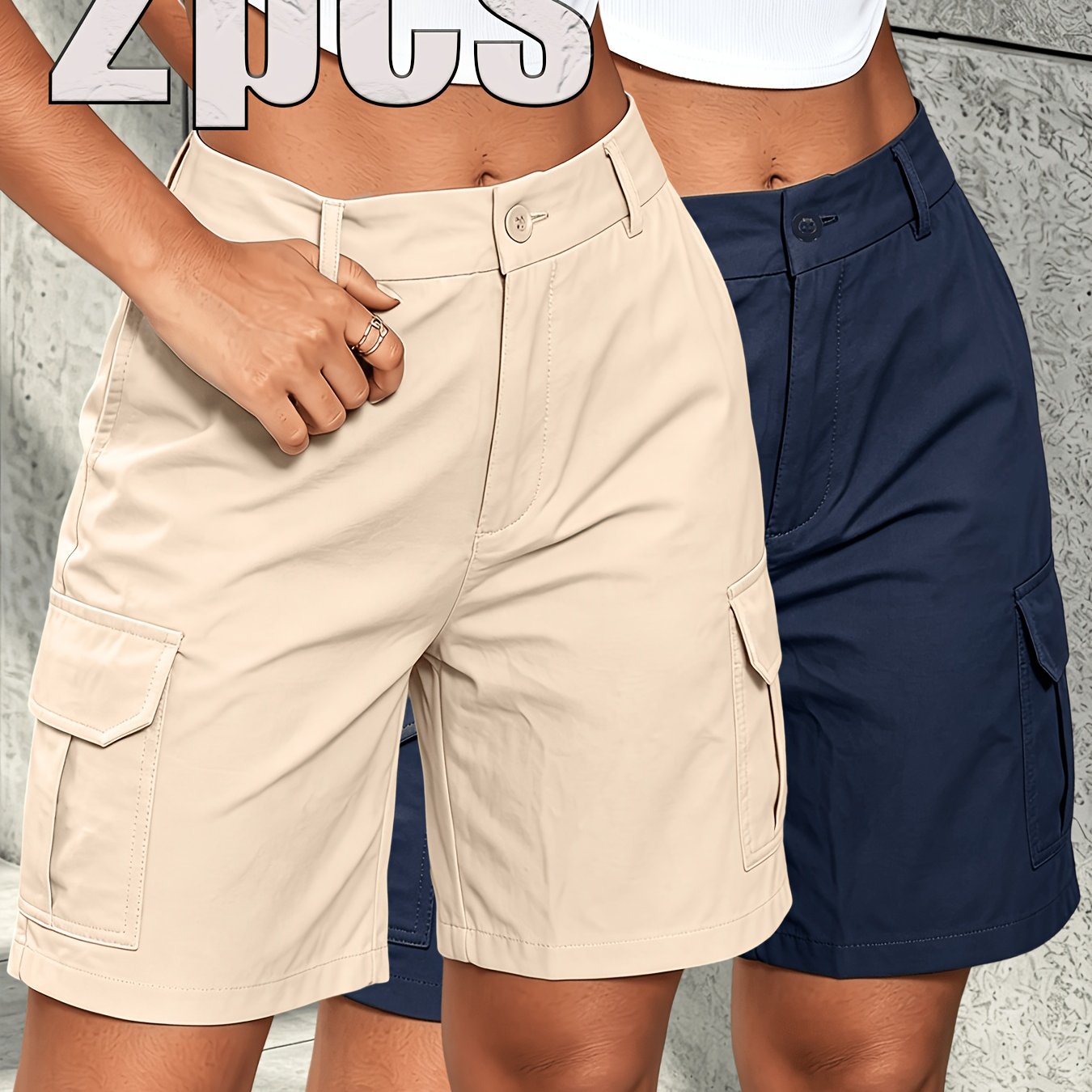 TEMU 2pcs Women's Summer Cargo Shorts Bermuda Shorts Button-top Cargo Pockets Suitable For Summer Casual Wear
