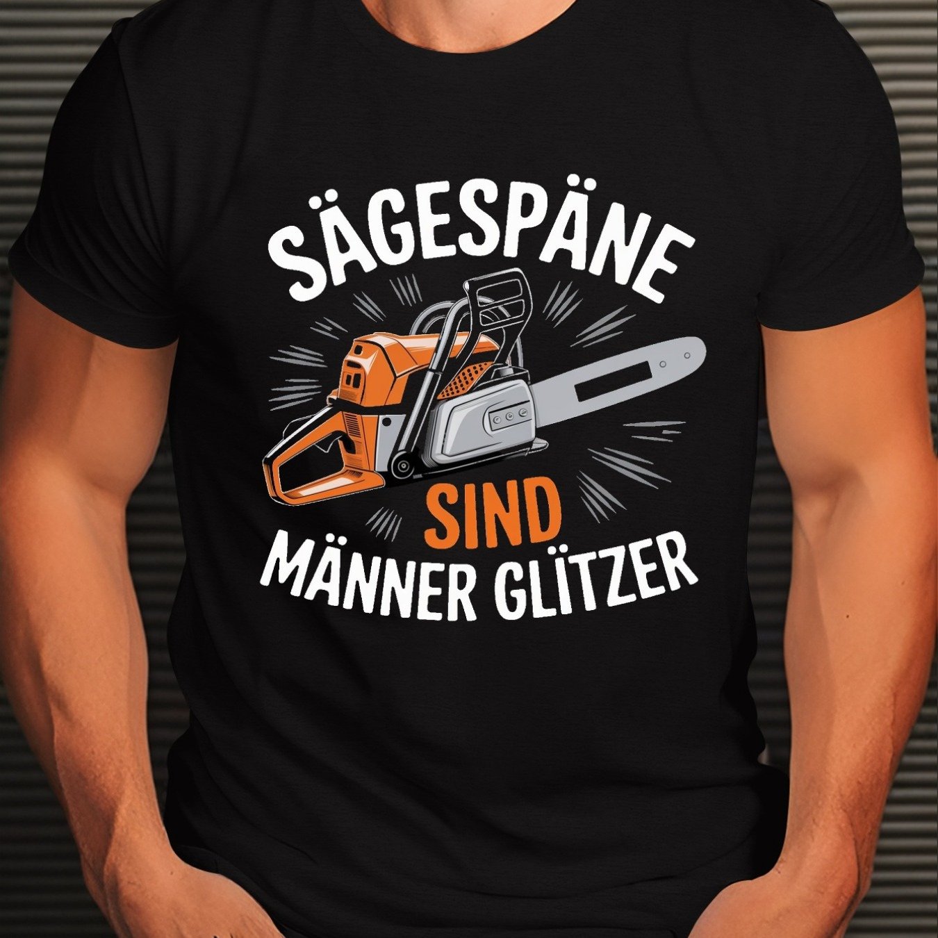 Image of Men's German Chainsaw And Glitter Graphic T-shirt- Black And Orange Woodworking Design, Crew Neck Short-sleeved T-shirt, Suitable For , Carpenters And Summer Outdoor Wear, For , Unisex!