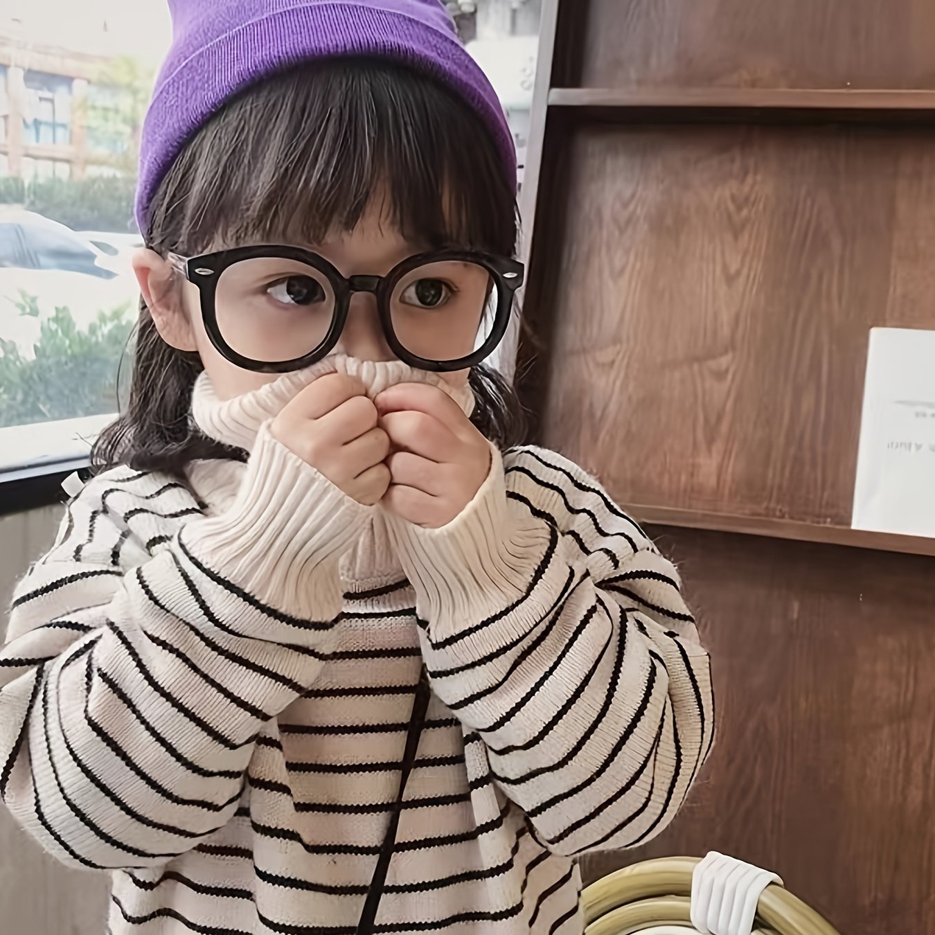 Image of Girls' Sweater New Winter Hooded Fleece-lined Thick Base Layer Striped Turtleneck Unisex Fall-winter Knit Top, Christmas, Halloween