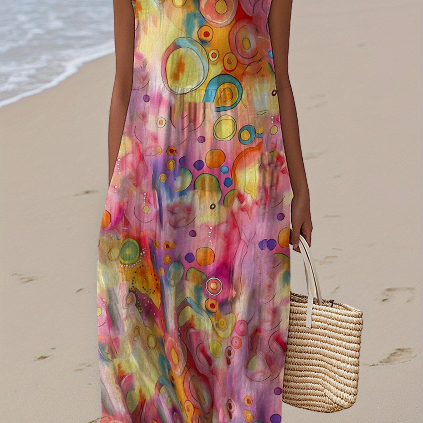 Image of Plus Size - Plus Size - Plus Size Women Sleeveless Tank Dress Loose Fit Casual Crew Neck With Side Pockets, Vibrant Watercolor Abstract Bubble Print Midi Dress, Modern , Perfect For Beach Daily Outing