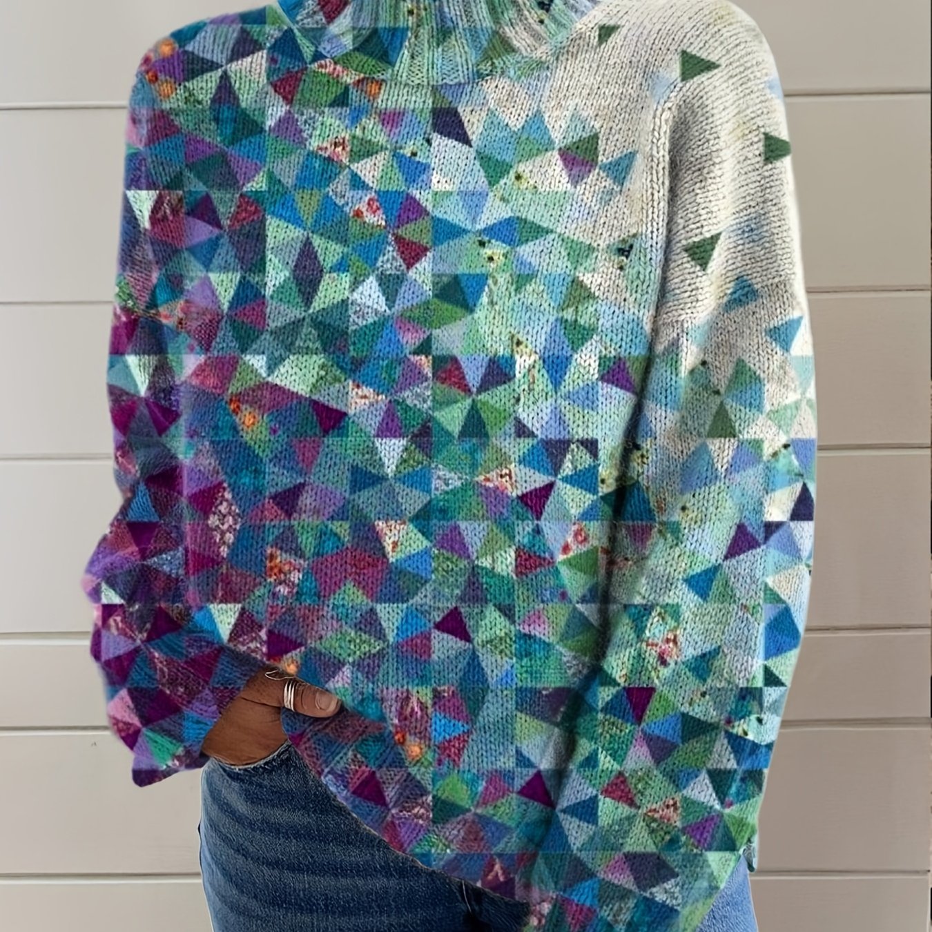 TEMU Grande Taille - Pull 2D à Plats Automne Hiver Mode Nouveau Chic Polyvalent Col Manches Longues Haut Femme Imprimé Numérique Plat Vêtement Femme