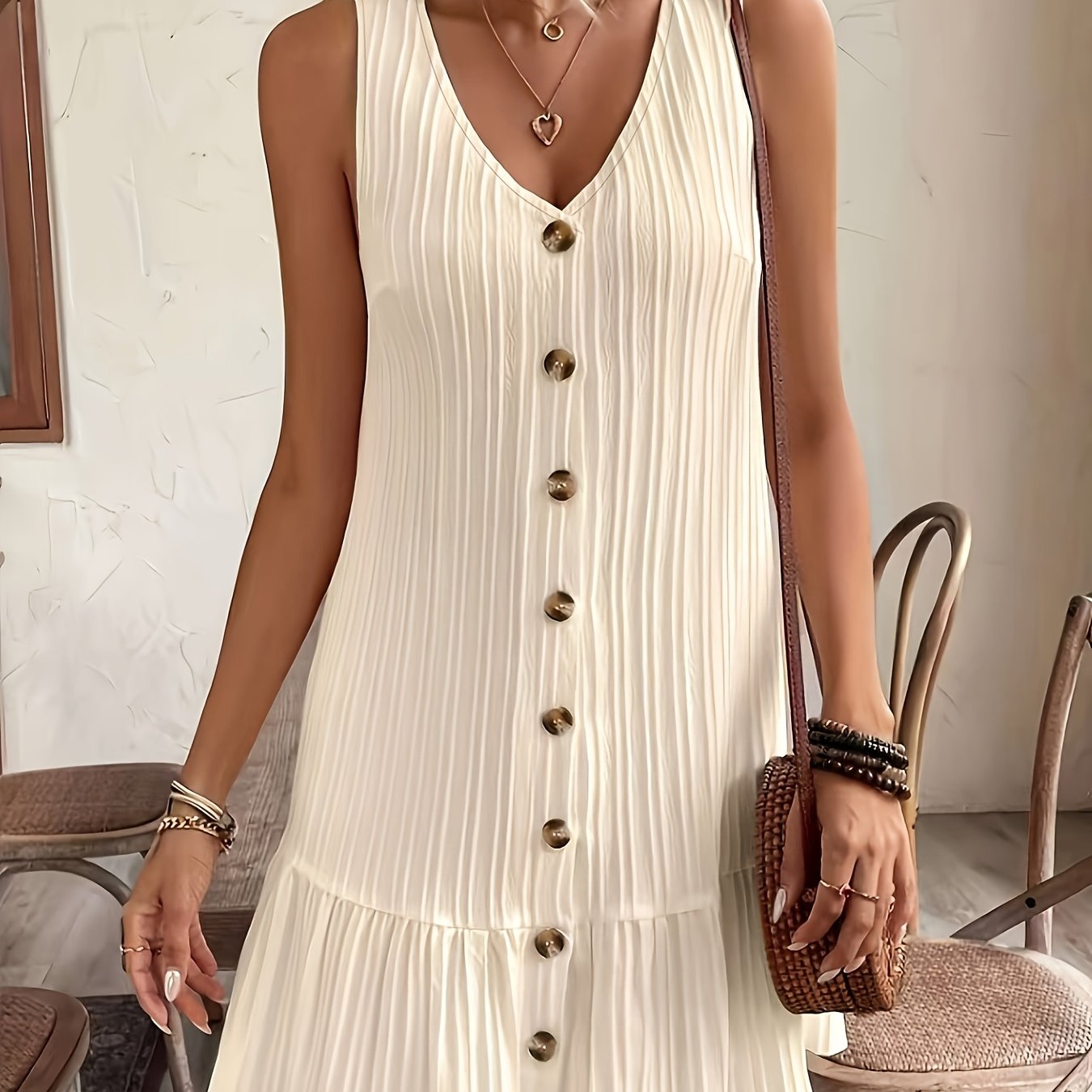 Women's Summer Sleeveless Trim Casual Dress With Front Button