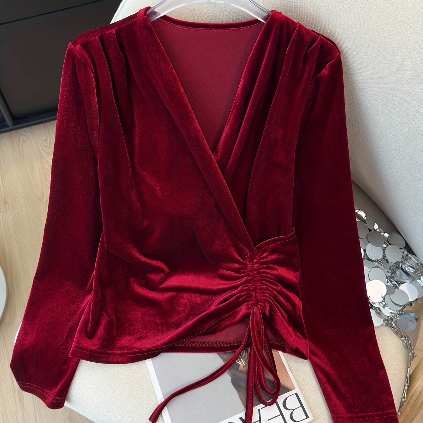 TEMU Spring Temperament Velvet Top, Commute Elegant T-shirt, Cross V-neck Drawstring Long Sleeve Blouse