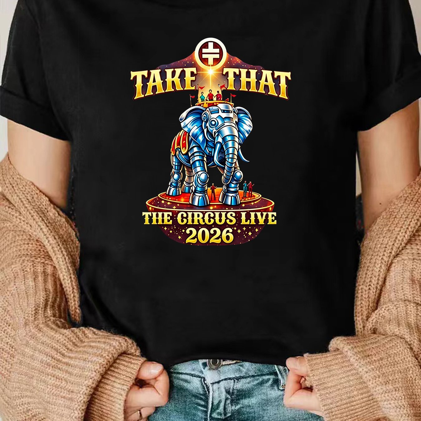 TEMU Women's Band -shirt - The Sun & Live Themed Print, Soft Polyester Loose Fit Short Sleeve Crew Neck Top With Iconic Band Suitable For