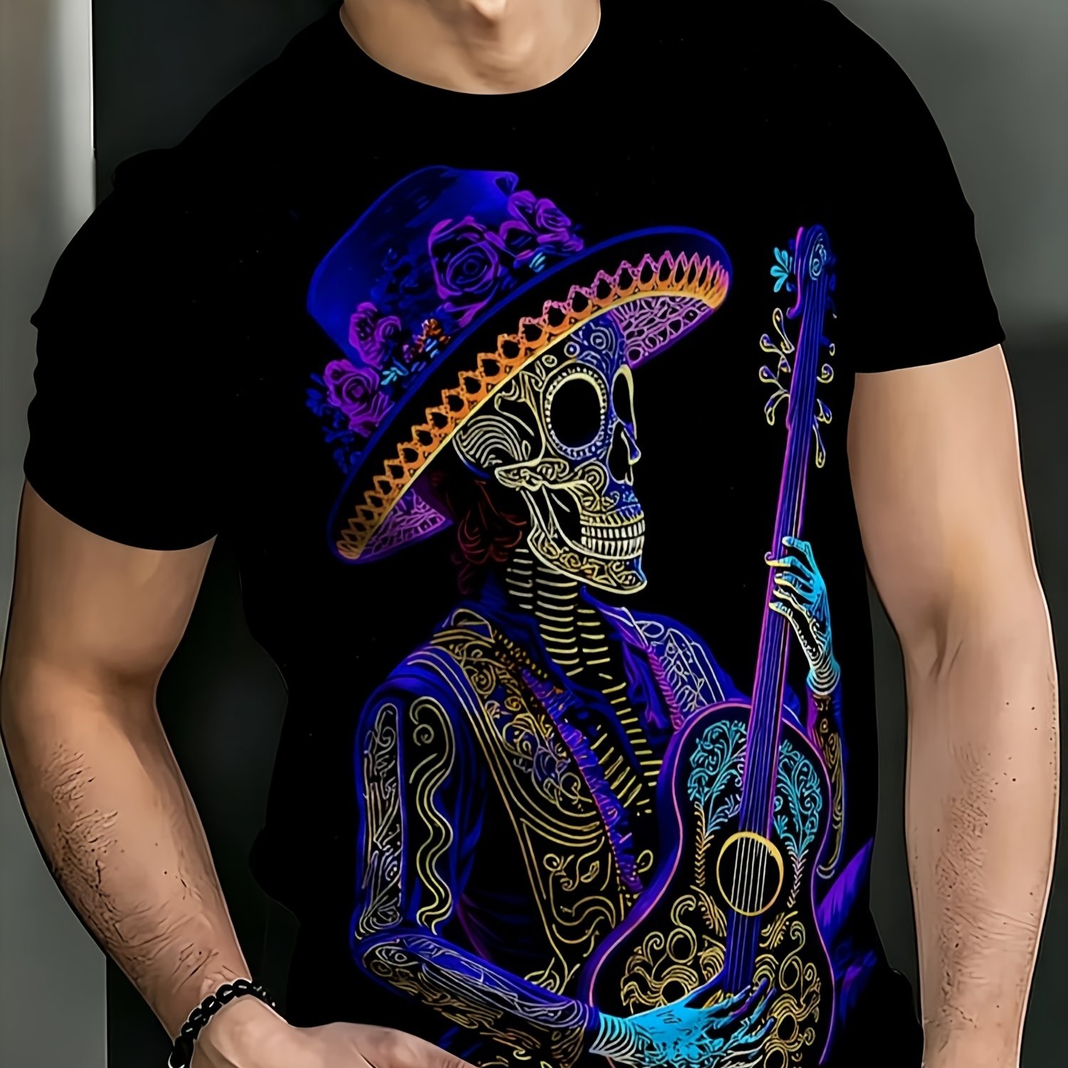 TEMU Printed Design Not Textured Of The Dead Mexican Skull Musician Guitar 3d Full-print Short-sleeve T-shirt, Exotic Vintage Neck Trendy Casual Top