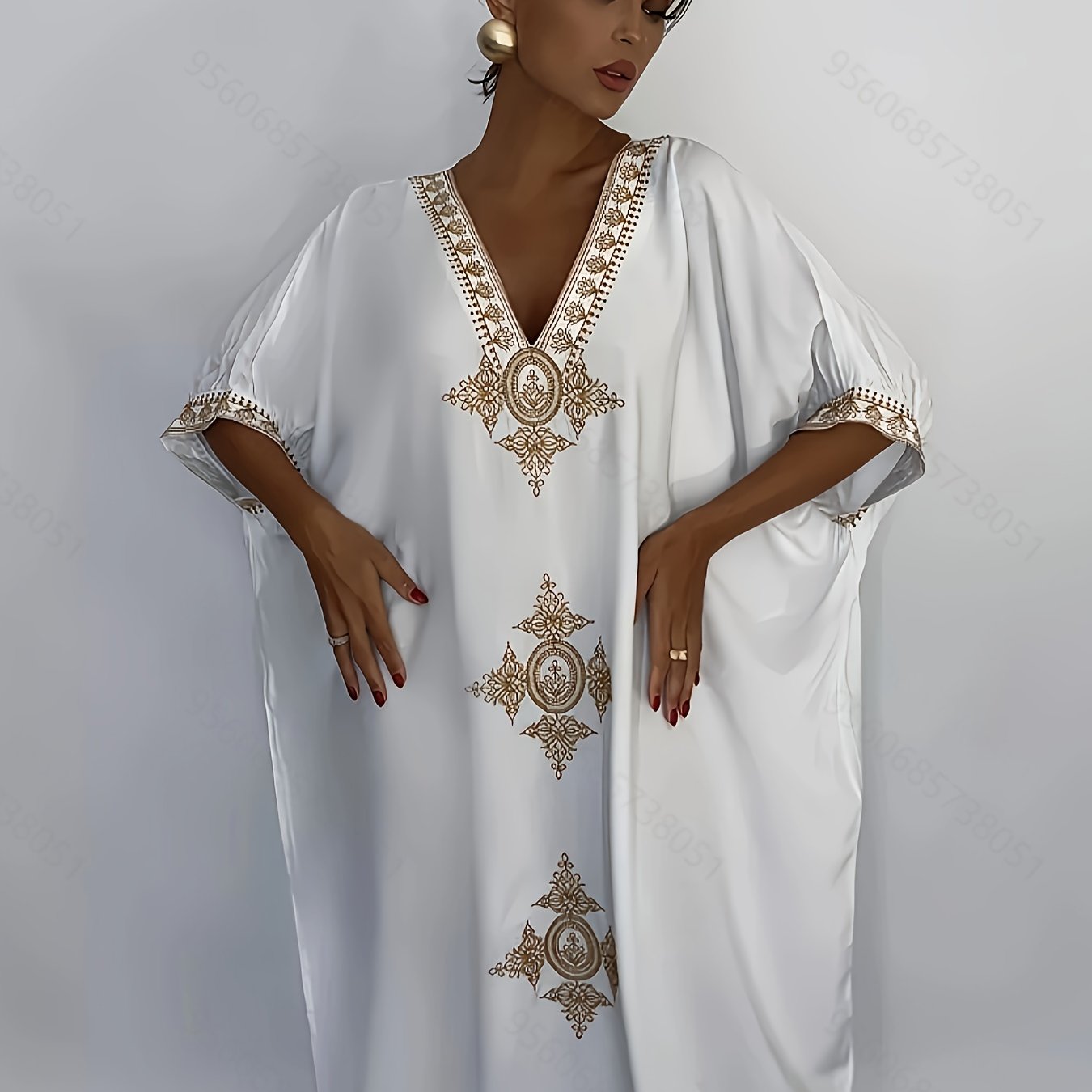 Image of Plus Size - Plus Size - Plus Size Luxurious Gold-foiled Robe Spring Comfortable Loose Beach Cover-up Dress Casual Loose Long Skirt Cover-up