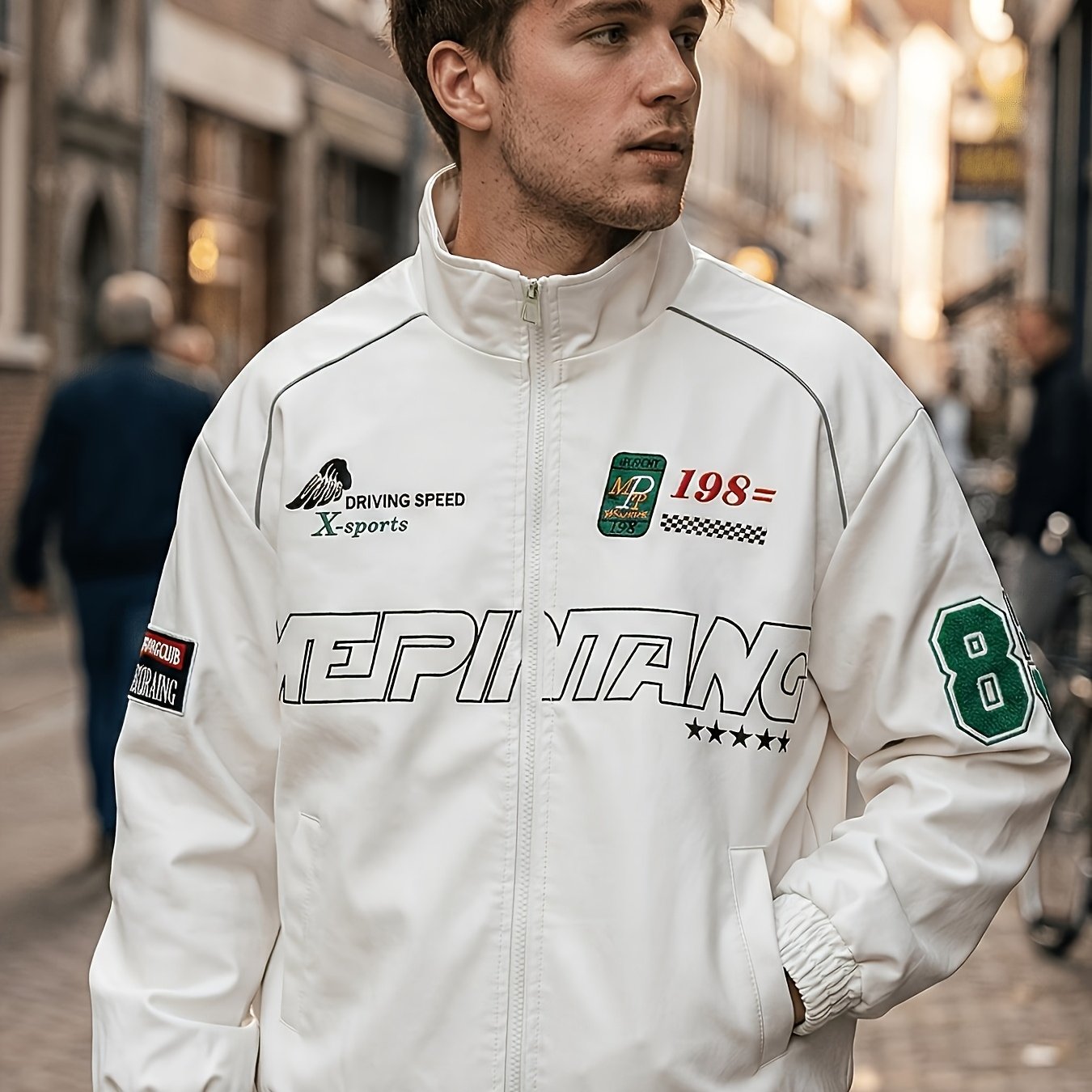 TEMU Men's Stand Collar Jacket, Spring/autumn Pilot Baseball Style Jacket, Cool And Loose Fit Motorcycle Jacket, Windproof