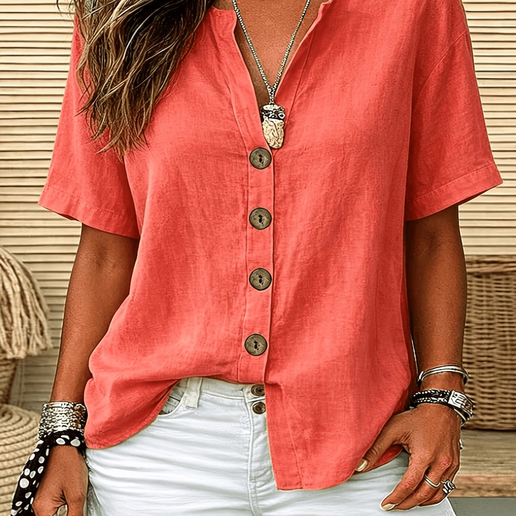 Women's Shirt, Button-design, Solid Color, Casual Daily Wear, Short Sleeve V-neck, Regular Style Top, Suitable For Spring, Summer, And Autumn