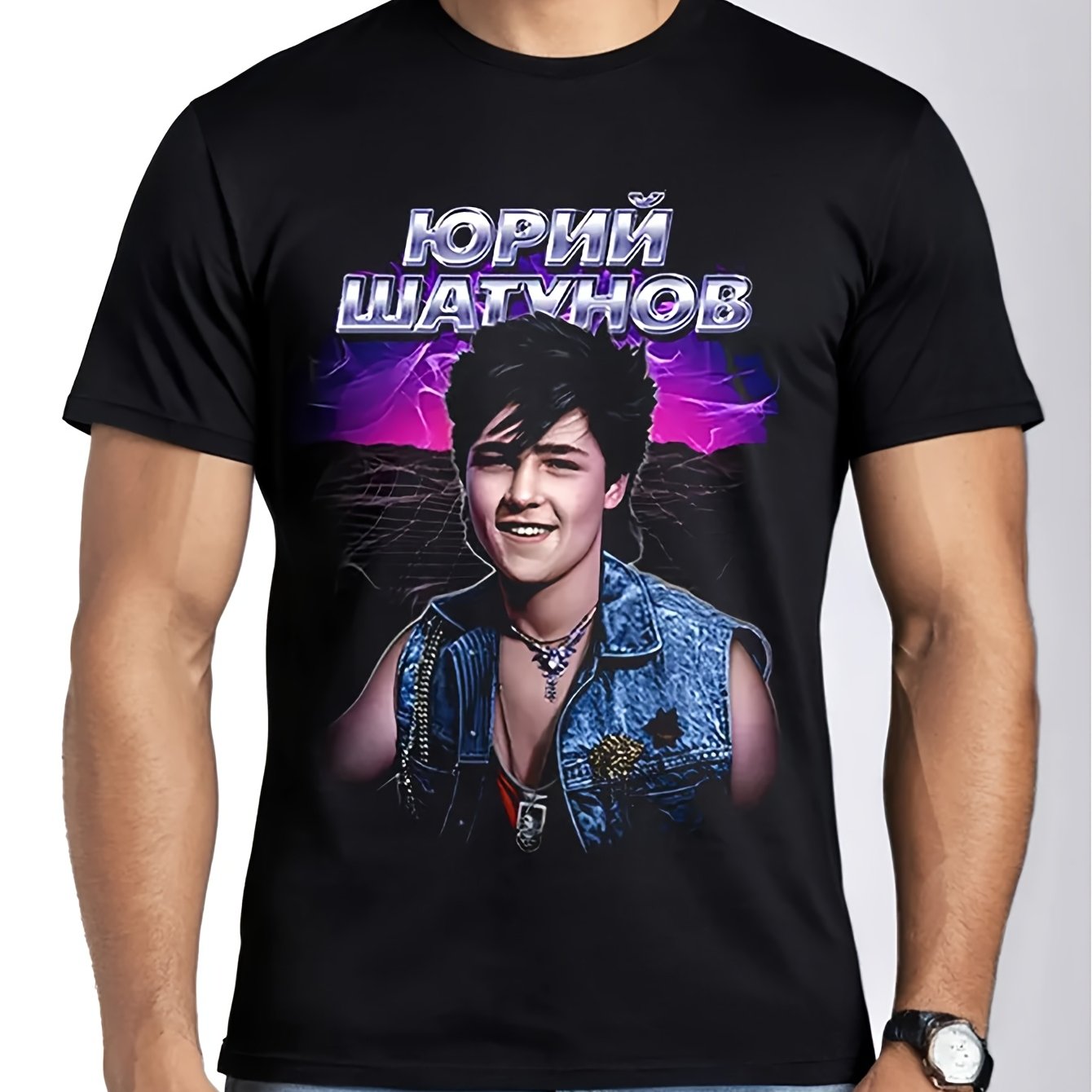 Image of Black Short-sleeved Crew Neck T-shirt Featuring Shatunov, A Pop Artist, In A Retro 80s Design, Fashion