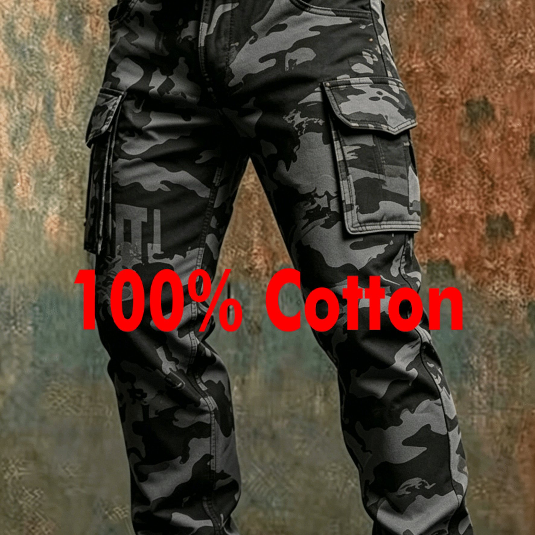 Image of Men's Orange-black Camouflage Cargo Pants, Outdoor Casual Multi-pocket Straight Trousers, Street Style Daily Wear