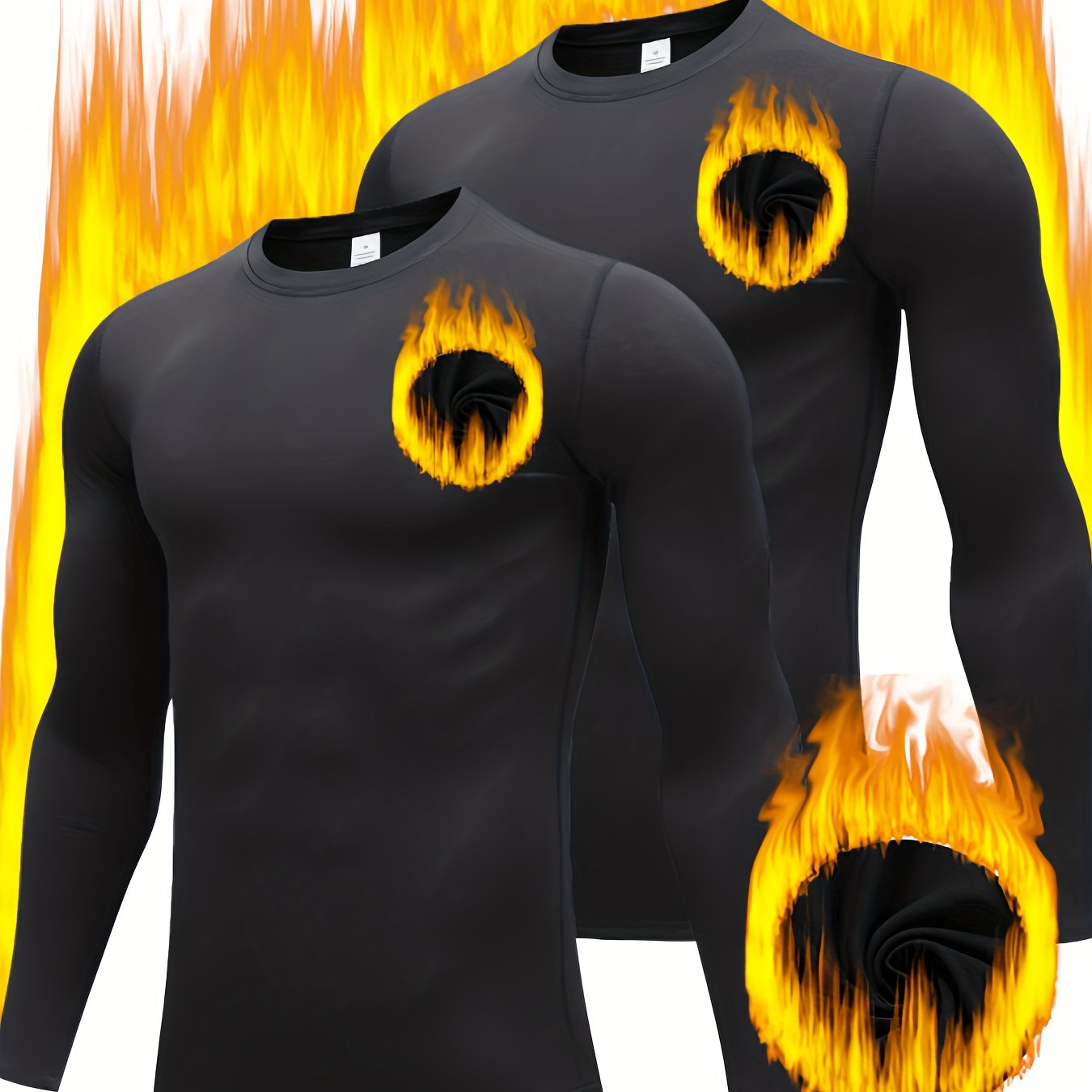 Image of 2pcs Regular Shoulder Long Sleeve, Men's Warm Base Layer Top, Warm And Comfortable, Good Elasticity, Cold-resistant Home Sleepwear, Outdoor Underwear, , Autumn, Sporty, Slim Fit, Daily, Crew Neck