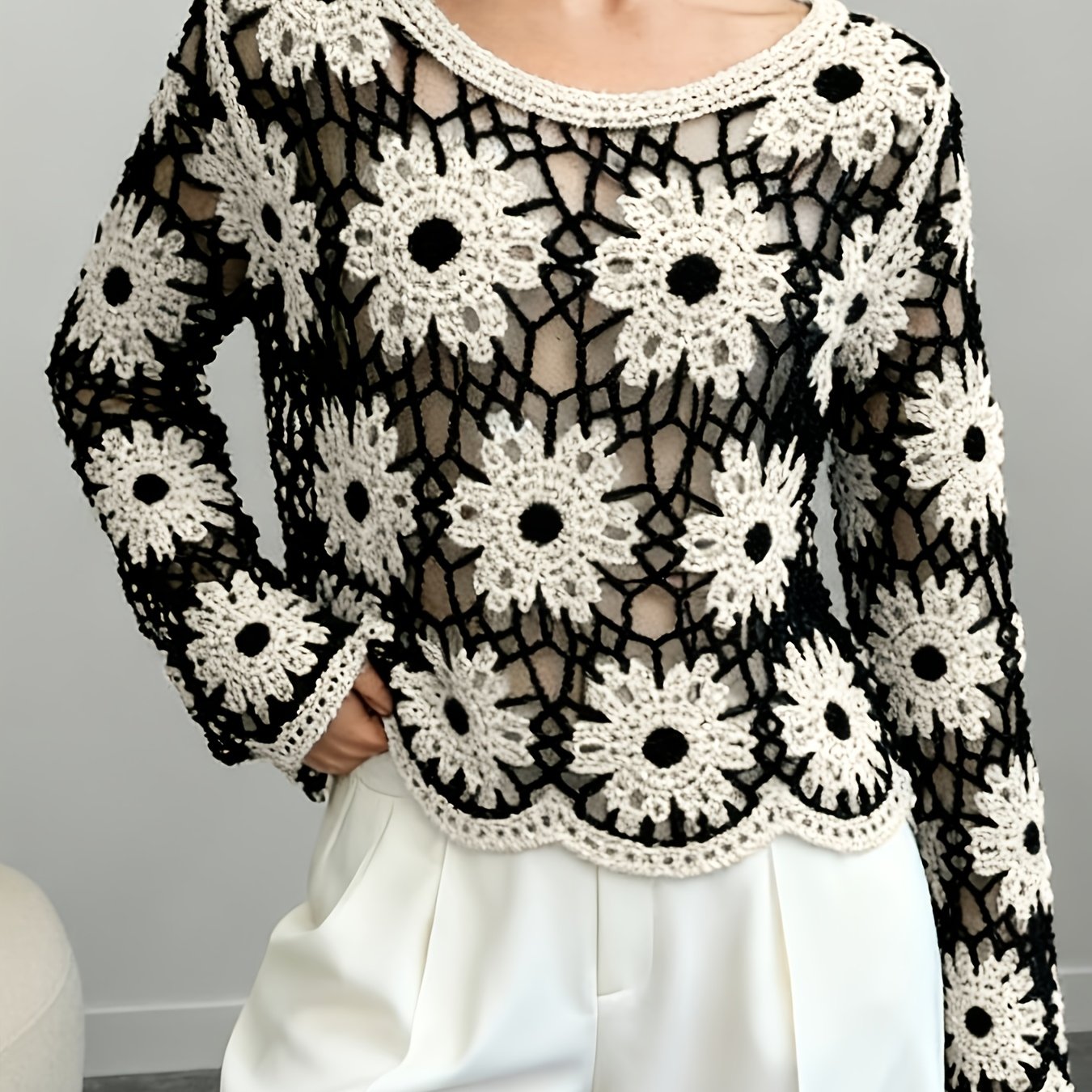 E-shop Hohles Häkel-Pullover für Frühling und Sommer, vielseitiges Damen-Oberteil für Herbst, , dünn, langärmelig