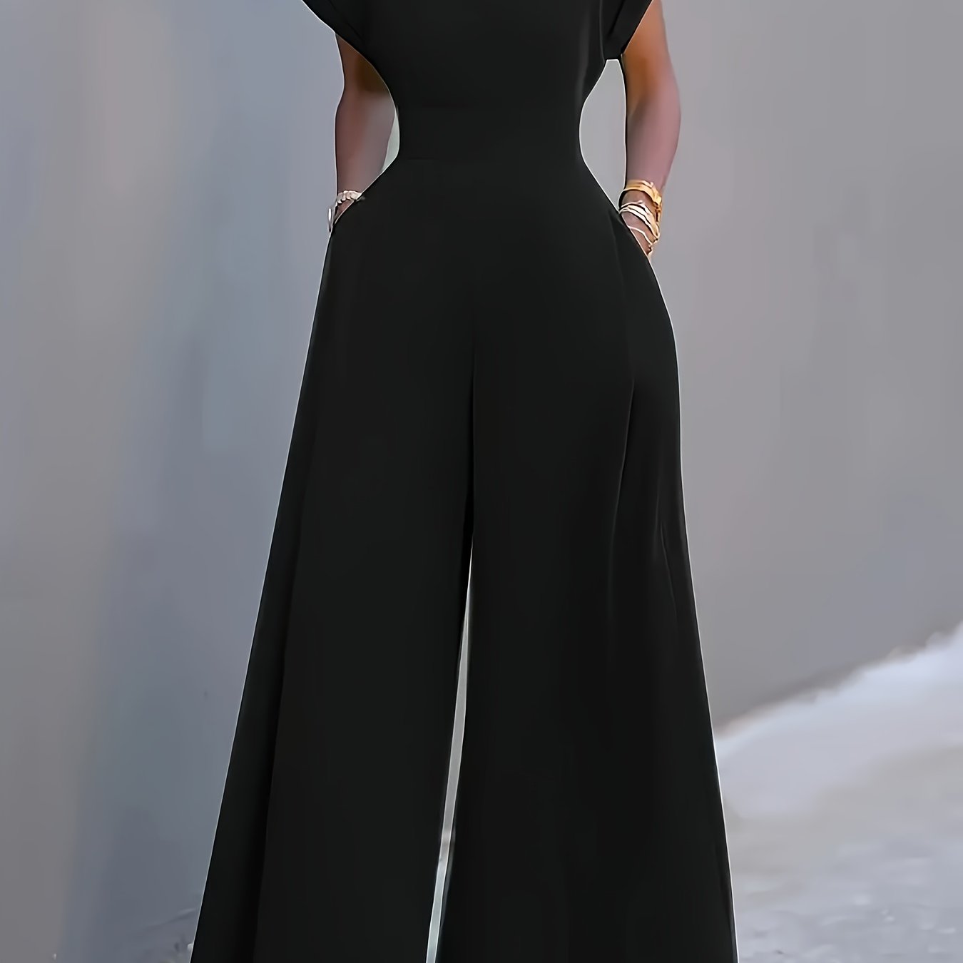 TEMU -piece Home Clothes, Solid Color Short-sleeved V-neck Wide-leg Jumpsuit, Women's Elegant Waist Pants, High-end Fashion Slim-fitting Wide-leg