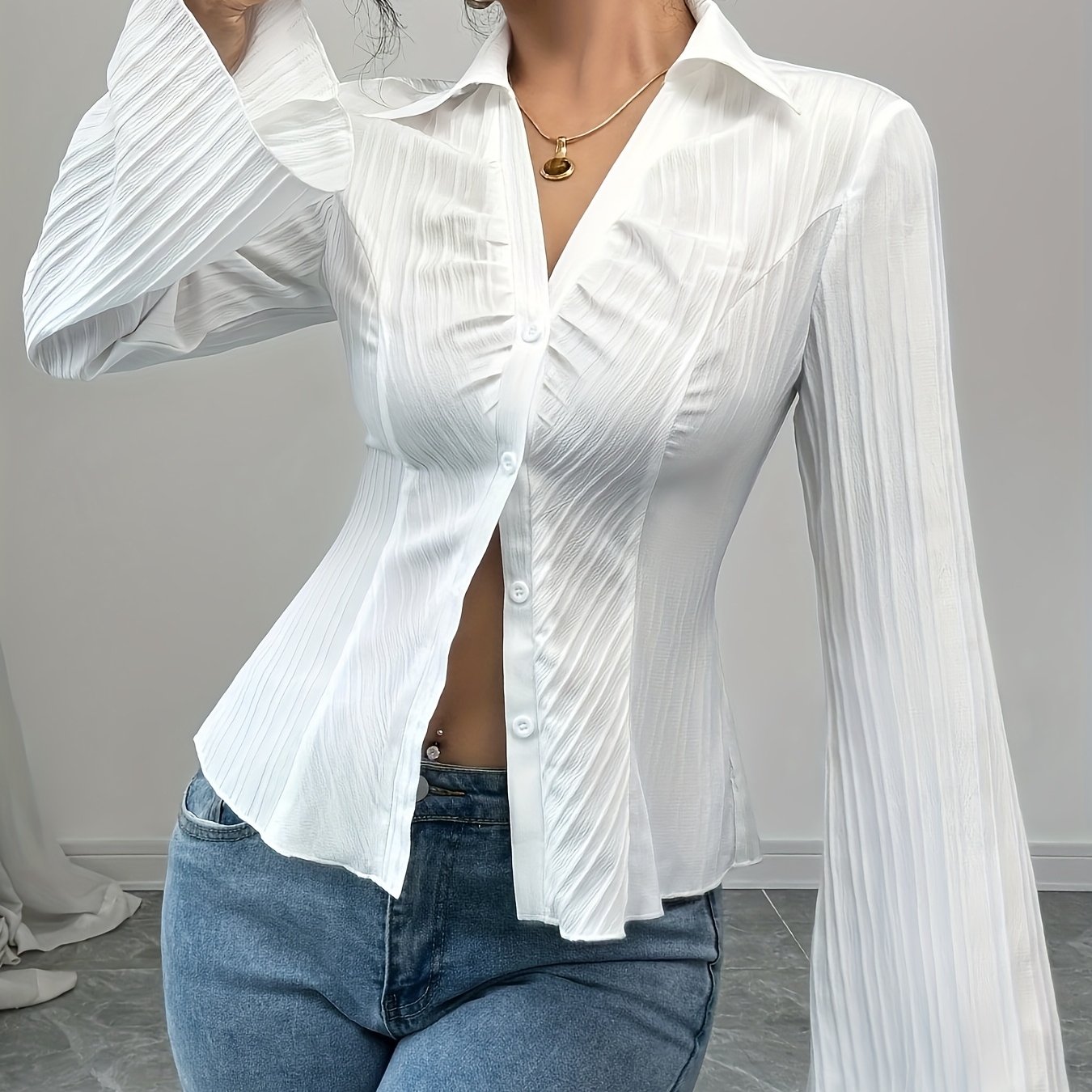 TEMU Chemise évasée à manches courtes rayée blanche pour femmes, , col en V, bouton unique