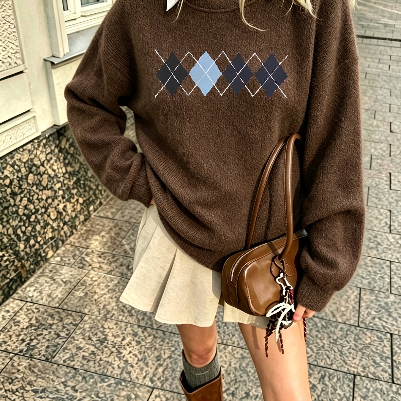 TEMU Retro College Sweater - Contrast Color Round Neck Pullover With Geometric Grid, Machine Washable - Sweater Suitable For Casual Wear, Office &