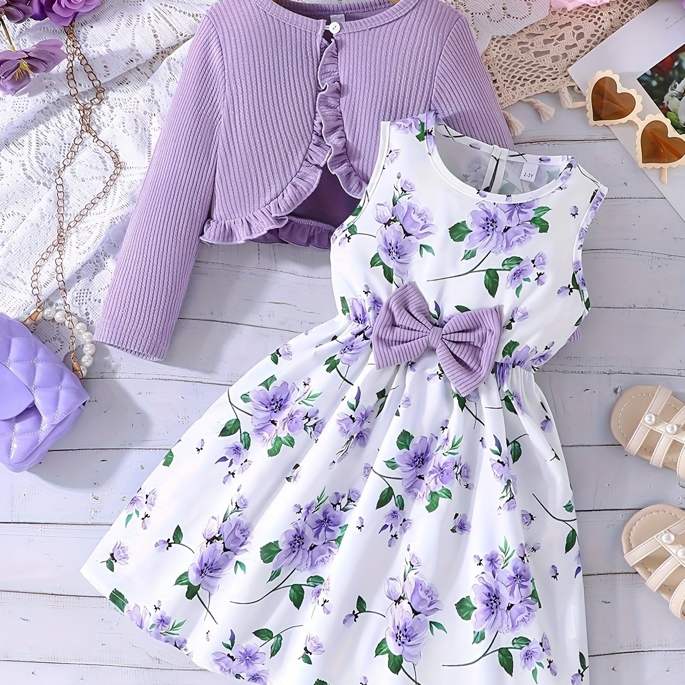Image of 2pcs Girls' Elegant Floral Print Bow-decorated Sleeveless Round Neck Dress And Solid Jacket Set, Christmas, Valentine's Day Gift, Perfect For Holiday Parties, Spring Summer Fall, For Outdoor
