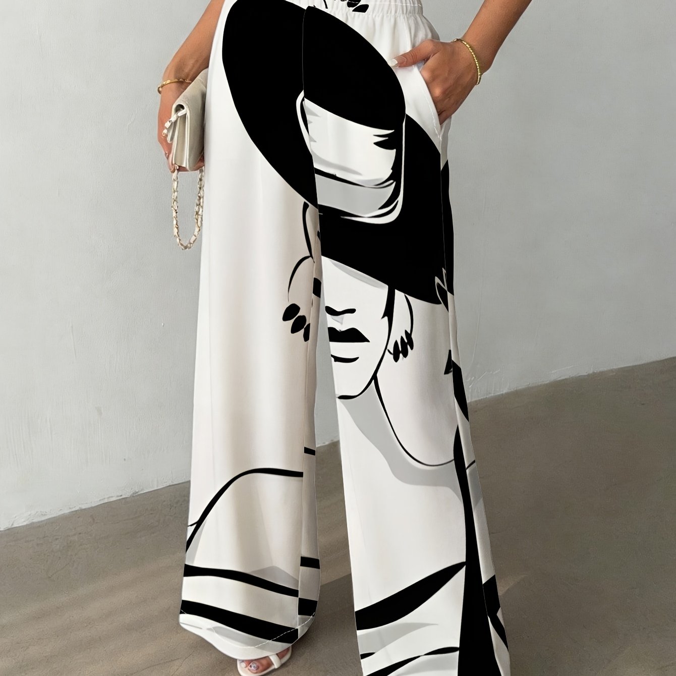 TEMU Black Abstract Straight-leg Pants With Elastic Waist, Relaxed For Daily And Office Dressing