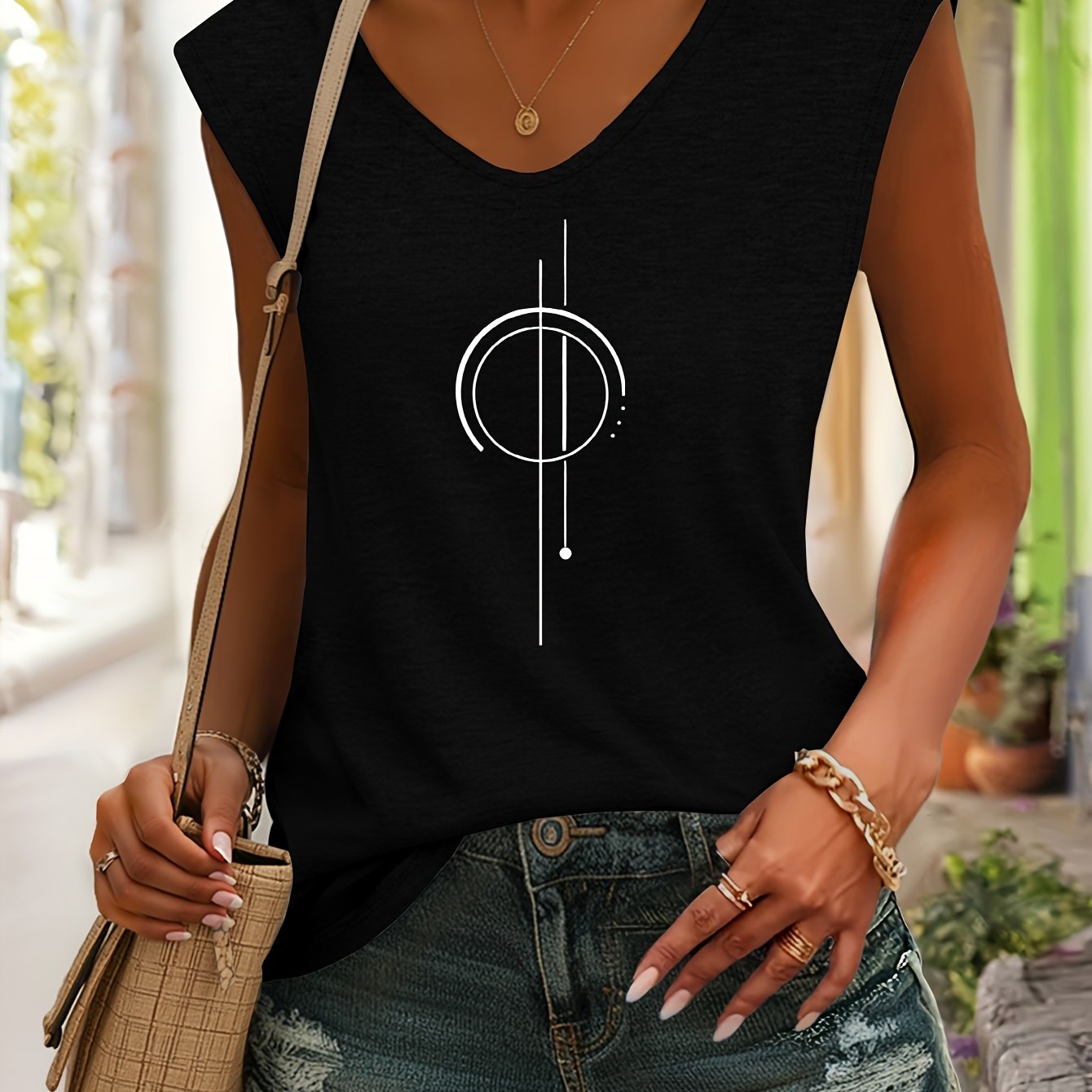 TEMU V-neck Sleeveless T-shirt With Abstract Printed Pattern Featuring Minimalist Geometric Lines, Made From Colored. Suitable For Daily , Travel