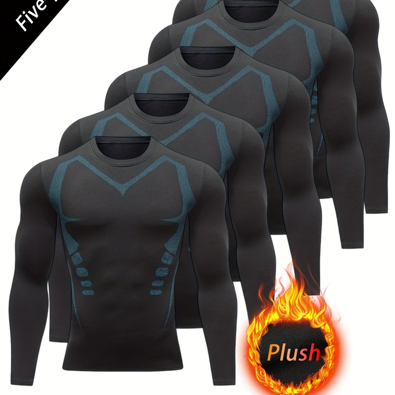 TEMU 5pcs Men's Fleece-lined Long Sleeve Compression T-shirts - Breathable, Stretchy, Slim Fit For Gym, Running & Outdoor Activities, Black With Blue
