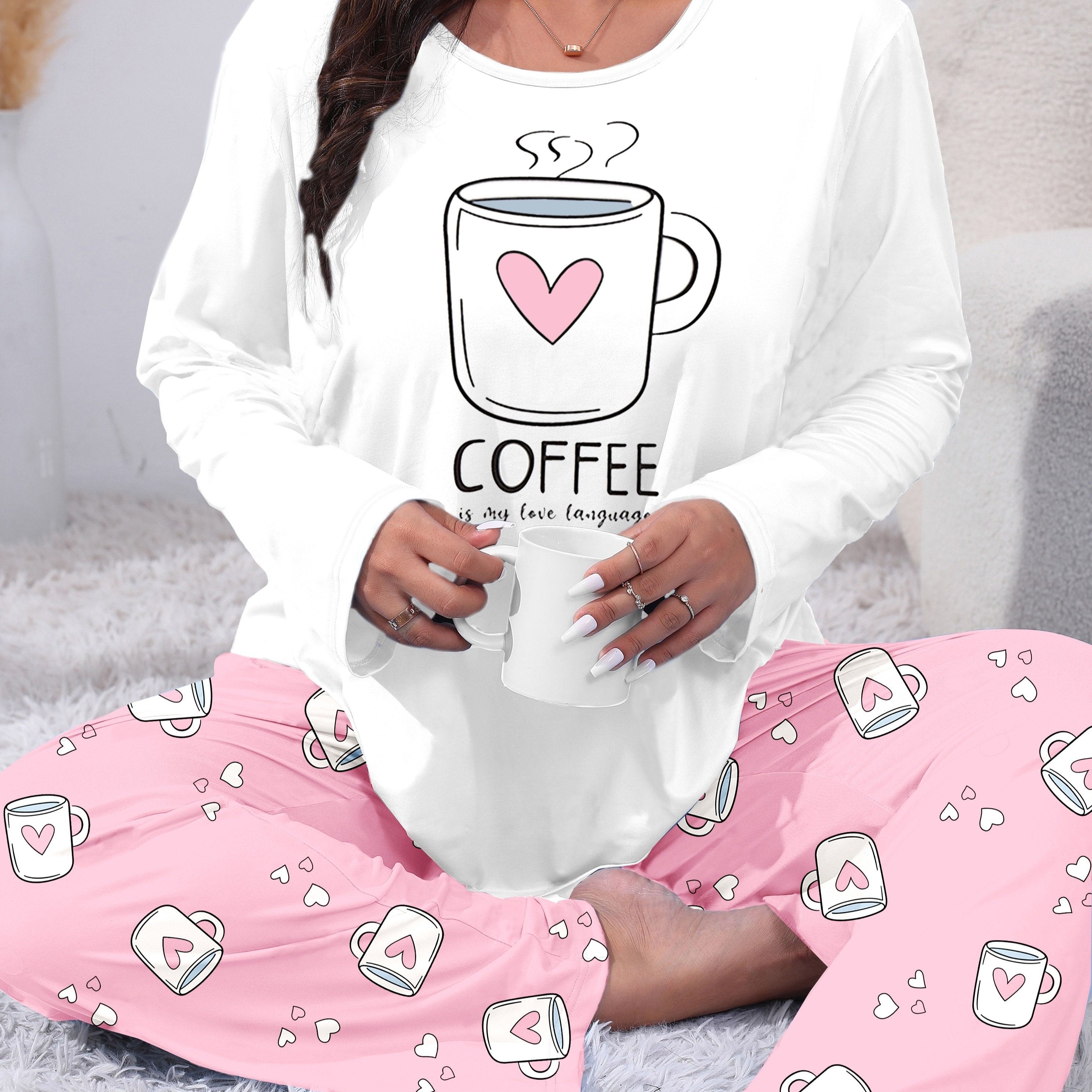 Image of Plus Size Coffee Letter Print Women's Long Sleeve Long Pants Autumn Winter Casual Pajama Set