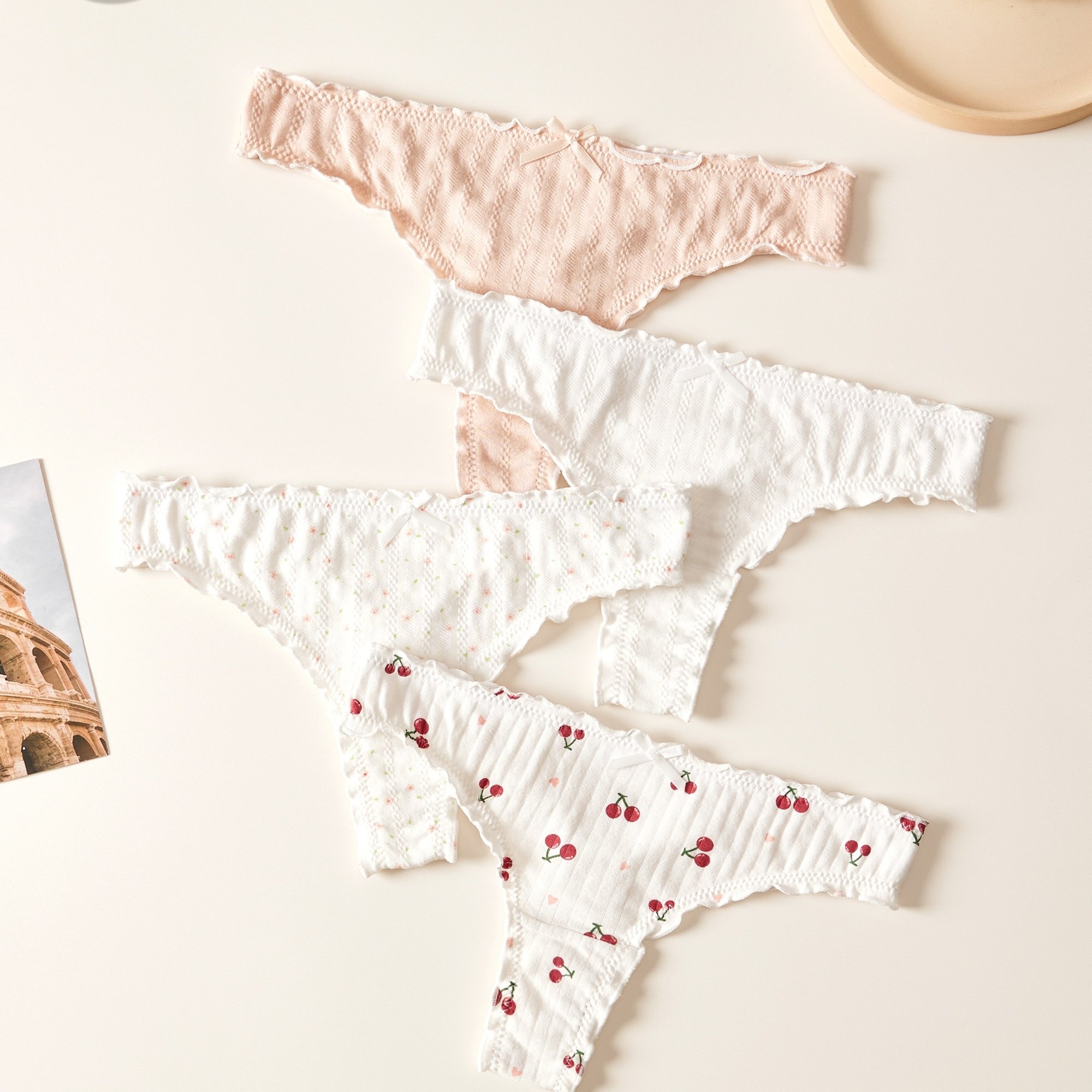 Image of 4pcs Cute Cherry Random Print Women's Thong Panties, Ribbed Thin Waistband, Comfortable, Soft, High Elasticity, Pink And White Underwear, Suitable As A Bridal Gift, Sweet Cartoon For Women