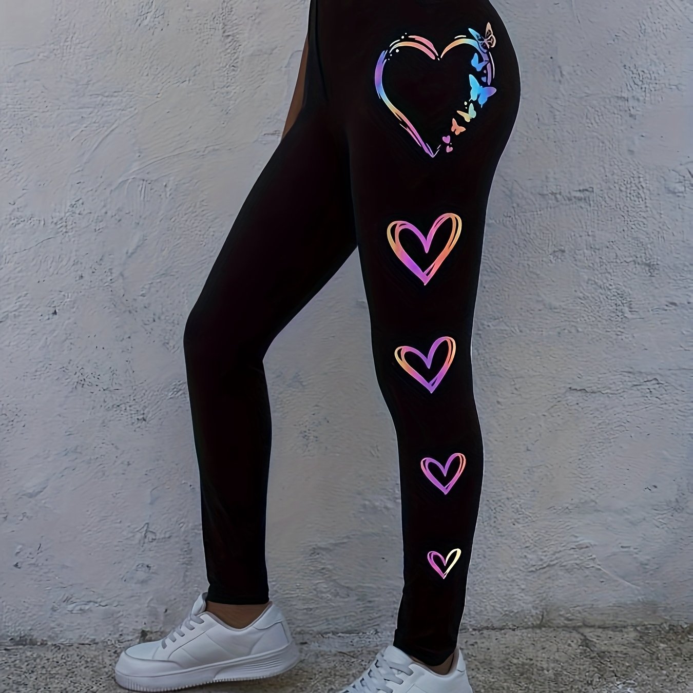 Girls' New Thin, Fashionable, Personalized Print Colorful Heart High-waisted Slim-fit Trousers, For Outdoor