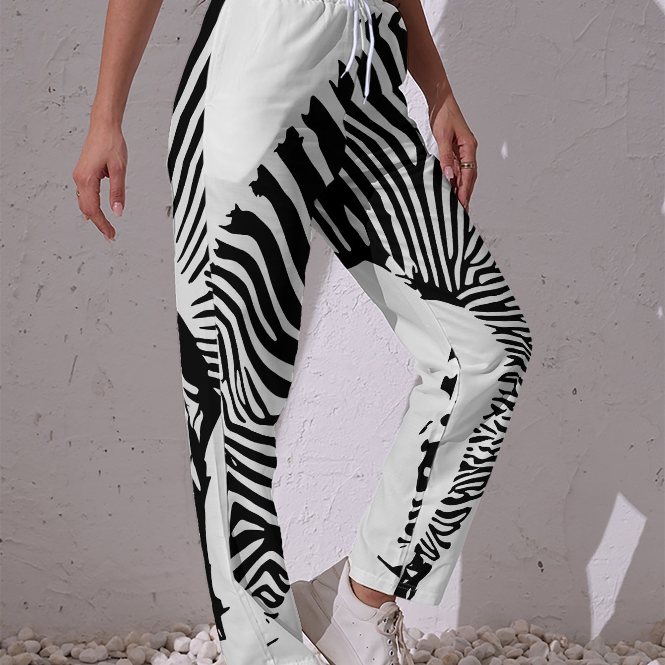 TEMU Women's Casual Pants With Black And White Zebra Stripe Print Featuring A , Combining Wild And Minimalist Styles, With A Drawstring