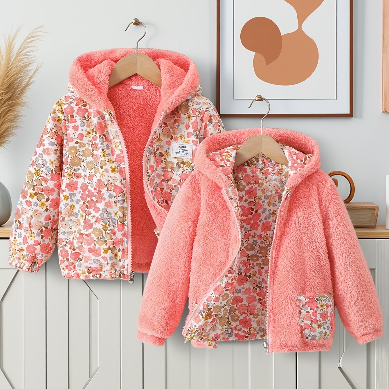 Girls' Fall Fabric Soft Warm Comfortable Plush Reversible Long Sleeve Hooded Zipper Cardigan Jacket