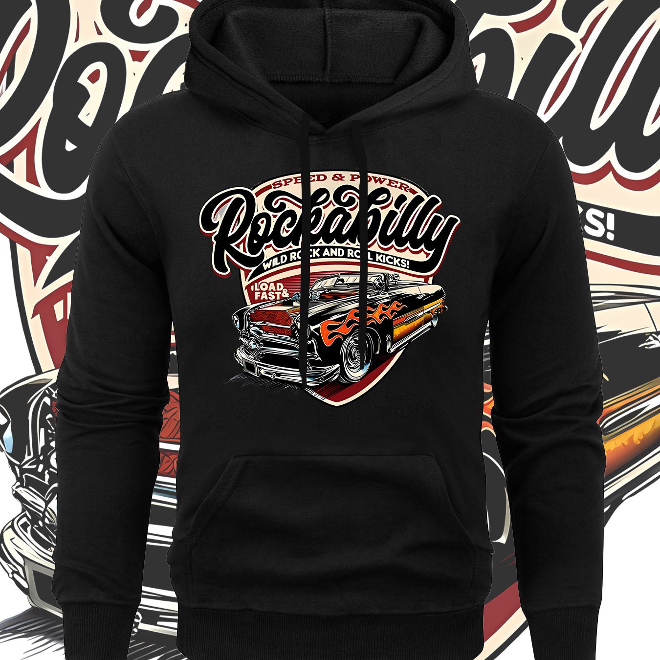 TEMU Rock Flame Car" Print Men's Casual Hoodie Long Sleeve Pullover, Front Pocket, Machine Washable, Autumn/winter Warm Sweatshirt, Daily Pullover,