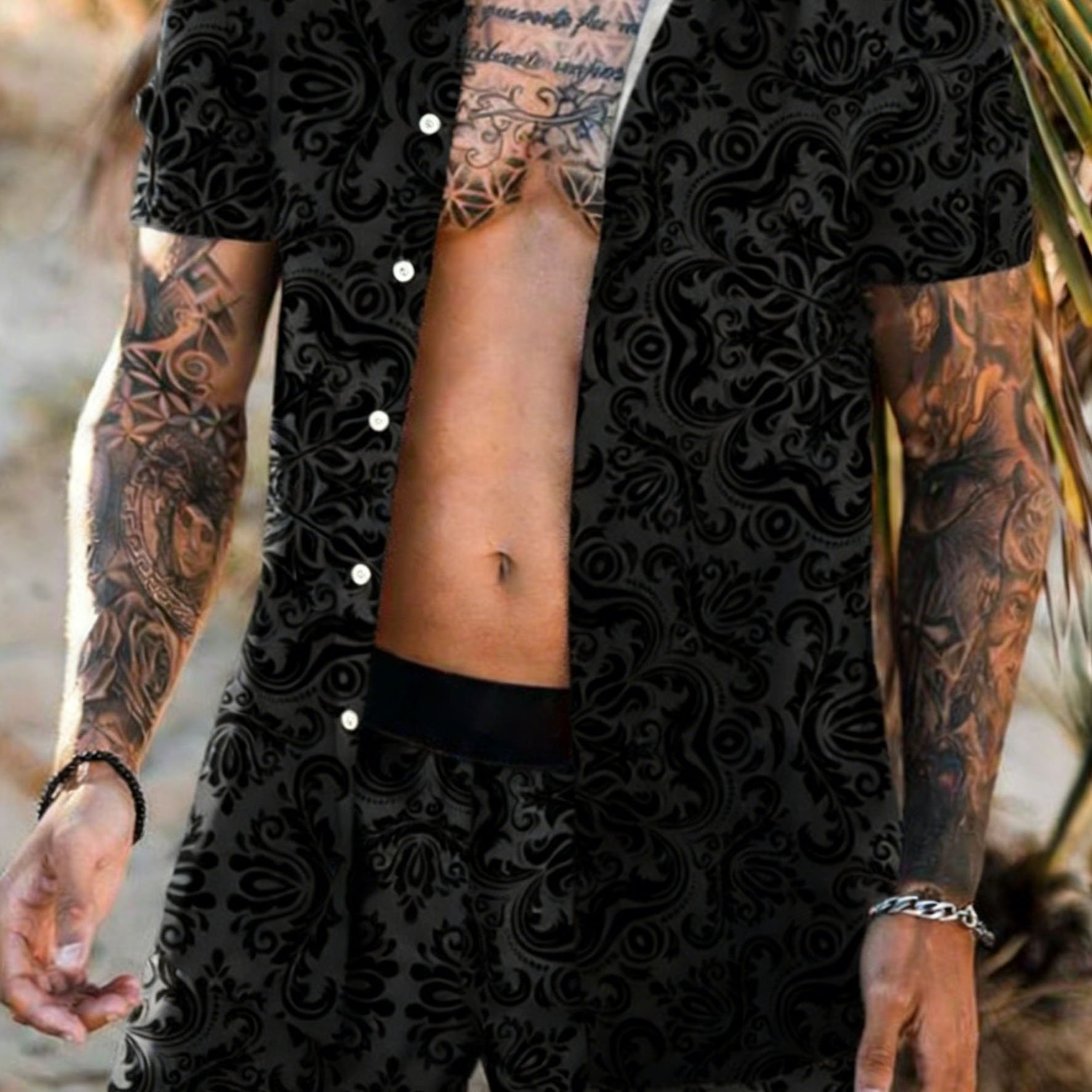 TEMU [printed Design - Non-textured] Men's Fashion Gentleman Design Button-up Shirt 2pcsss Set, Set, Summer Men's Fashion Leopard Print Short Sleeve