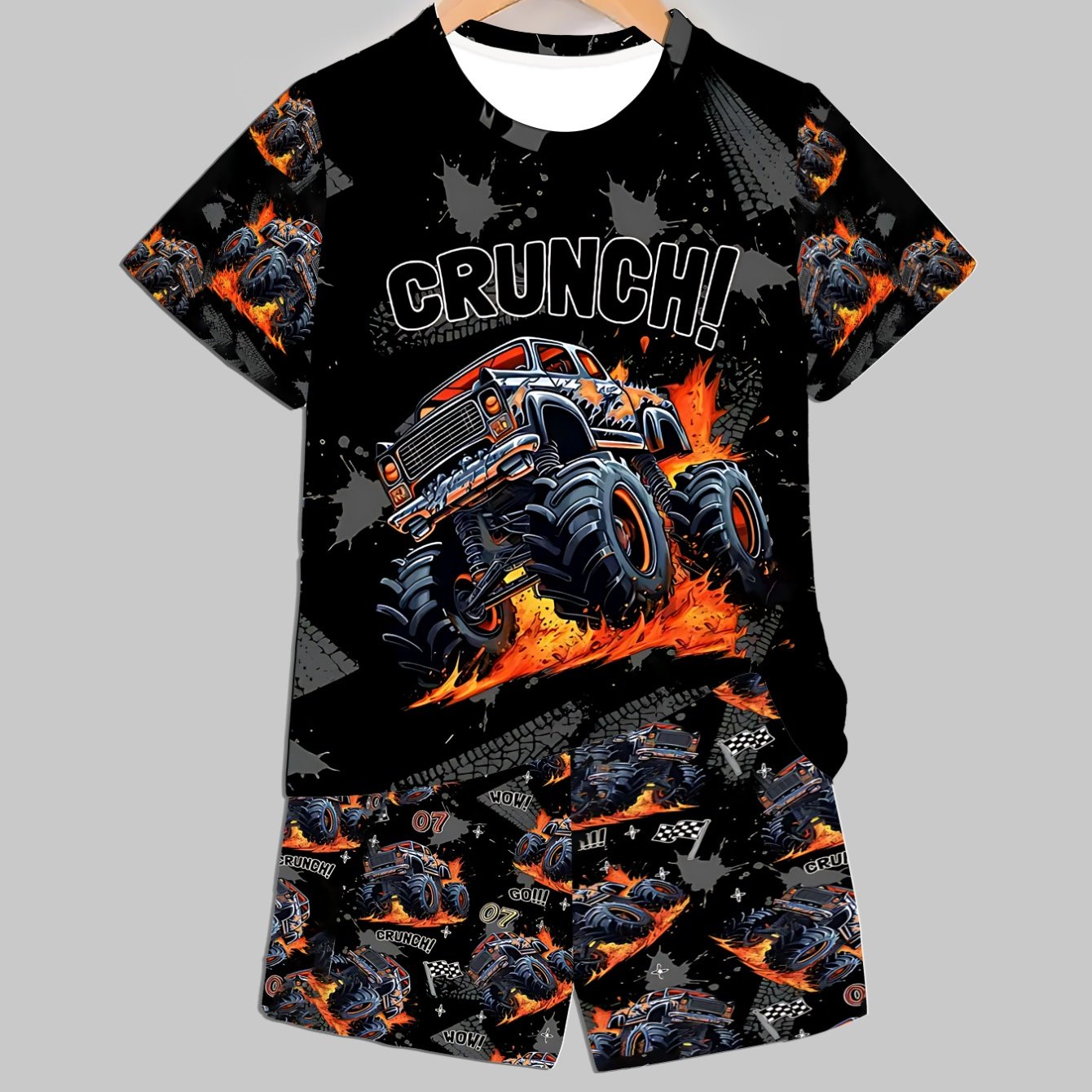 TEMU Boys' Short-sleeve Outfit With A Round Neck 3-14, Featuring Stylish Printed Cartoon Designs. Made From Soft, This Loose-fitting Set Is Perfect