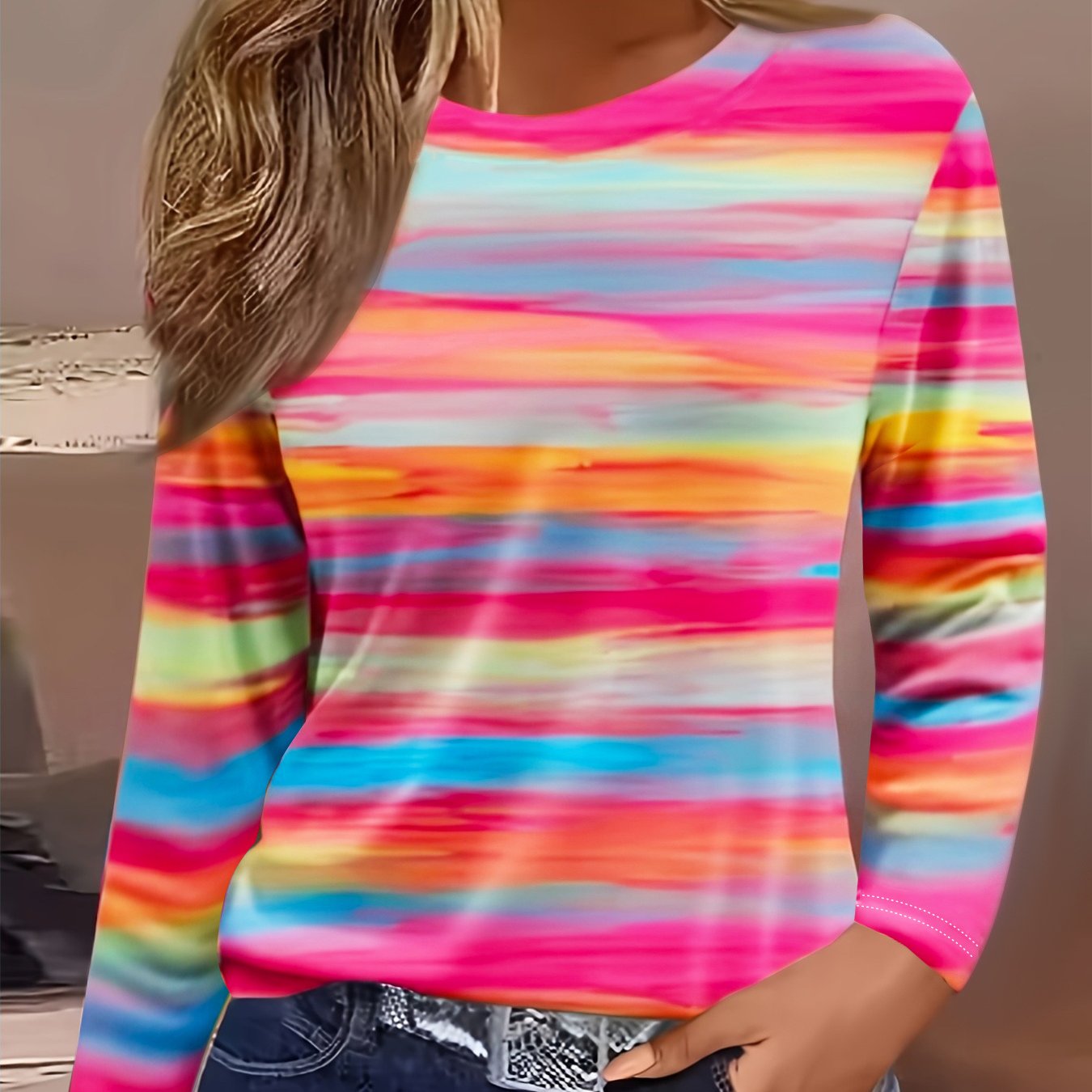 Image of Vitality Round Neck Medium Sleeve T-shirt, With Stripes As , Bright Colors, Full Of Dynamic Atmosphere