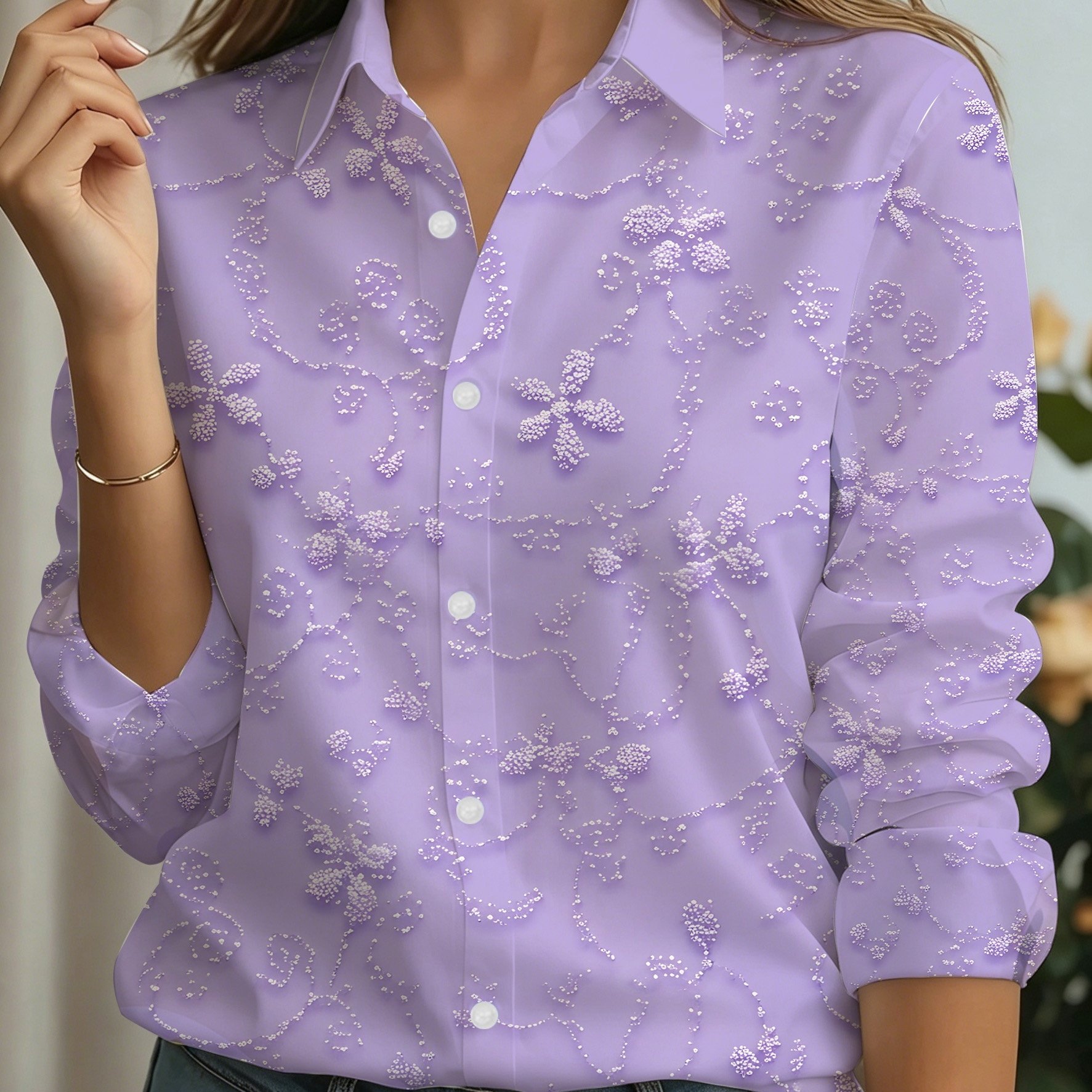 TEMU [printed Design â Not Textured] Women's Beautiful Long-sleeve Fashionable Lapel Shirt, New Women's Long-sleeve Shirt With Exquisite Light Purpl