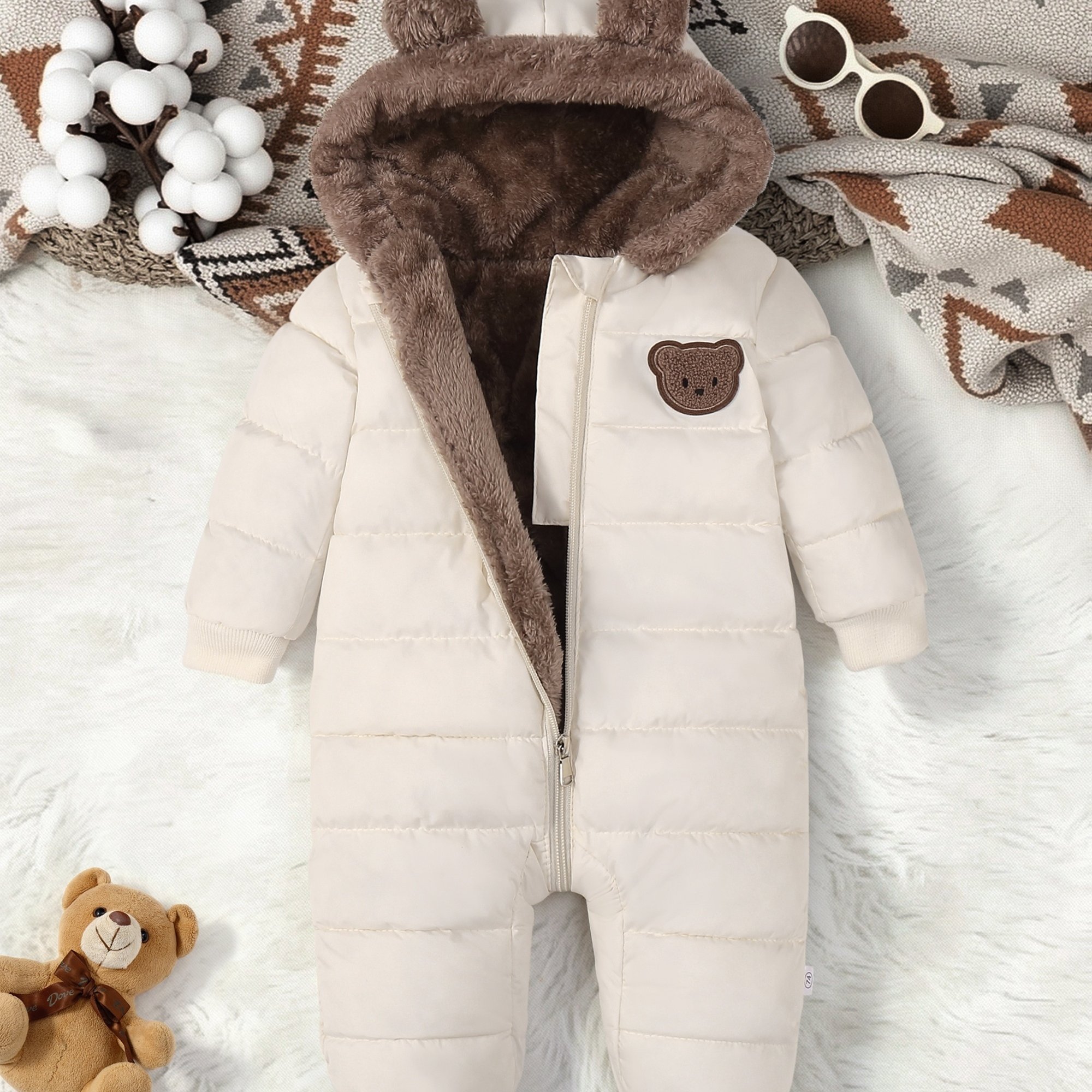 1pc Winter One-piece Suit Little Bear Fleece Thick Warm Outdoor Snow Suit Cold-proof Clothing Trendy Christmas Thanksgiving Halloween Gift For, For Outdoor