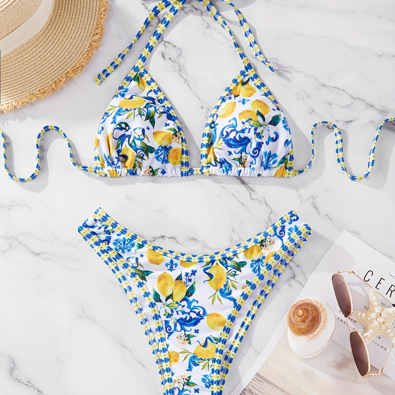 Style Casual Women's Halter Tie-back Plant Print Swimsuit Two-piece Set Bikini Outfit