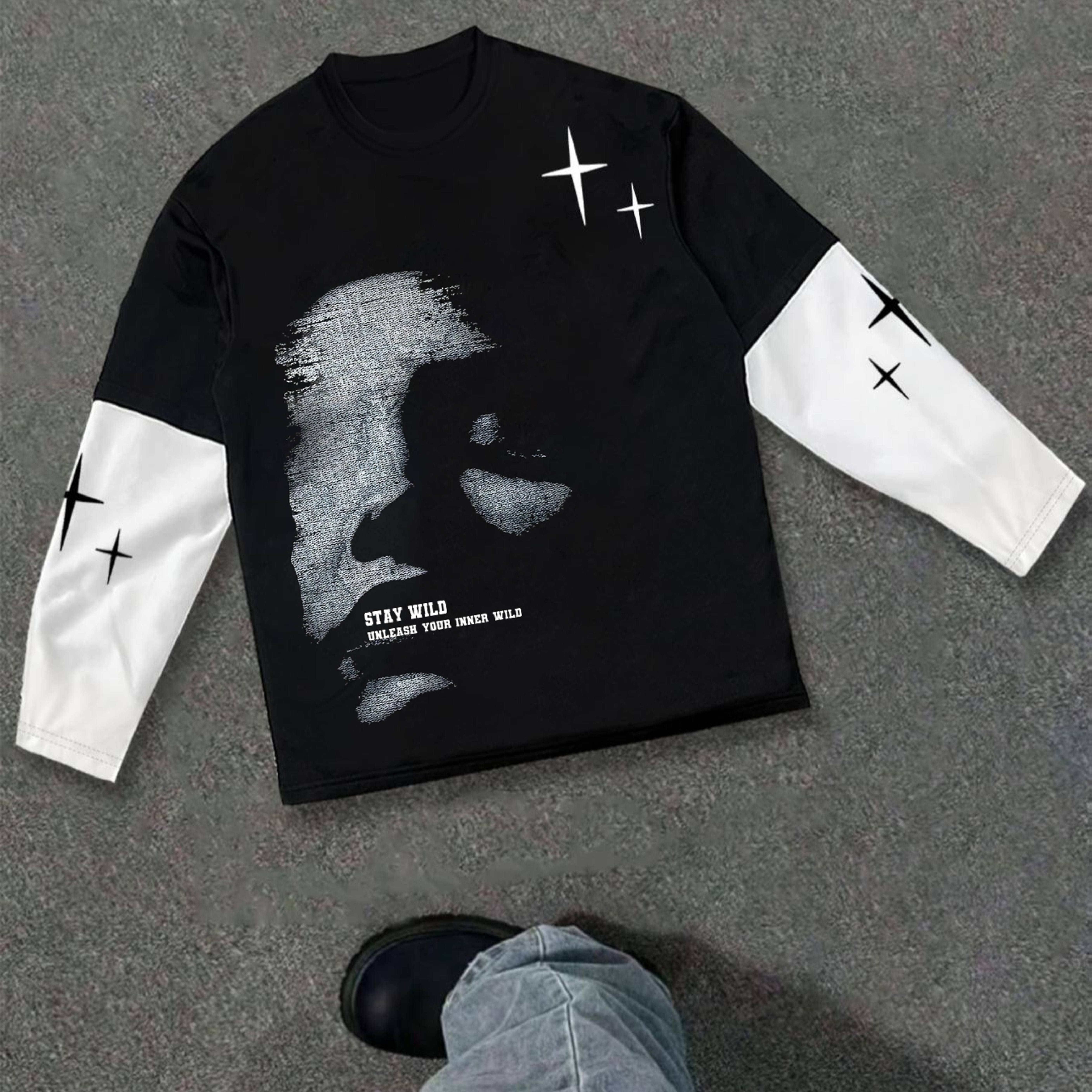 TEMU Men's Casual T-shirt "staywild" Print Trendy Black And Style Long-sleeved T-shirt