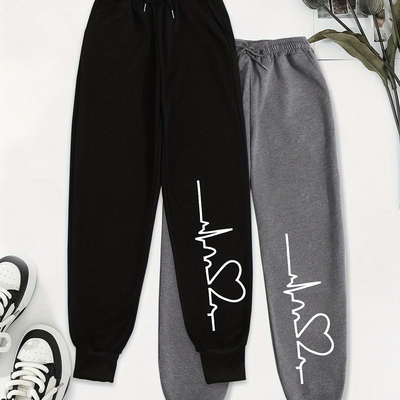 TEMU Valentine's Day 2026 New Summer Fashionable An 2pcs Graphic Print Pants, Elastic Waist Casual Pants, Women's Clothing